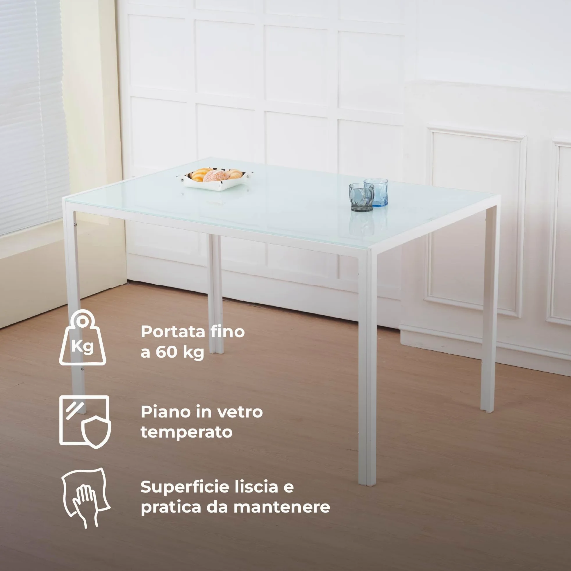 IlGruppone Set Sedie e Tavolo da Pranzo con Ripiano in Vetro Temperato e Sedia Imbottite in Similpelle Nera Design Moderno, 4 o 6 Posti Ideale per Cucina o Soggiorno - Bianco - 4 Posti