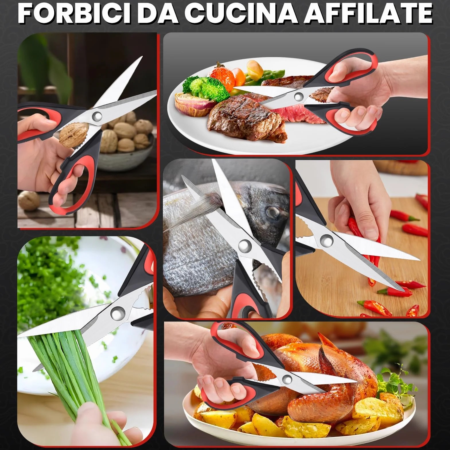 Forbici da cucina acciaio inox 22 cm, Forbici per la casa con bordo seghettato, Affilate multiuso forbici con coprilama e schiaccianoci, Forbici universali di alta qualità Lavabili in lavastoviglie
