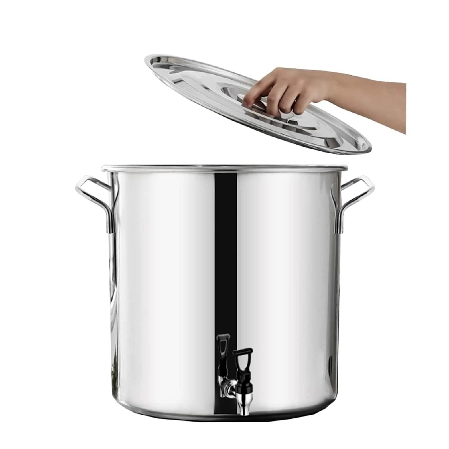 Pentola in acciaio inox con coperchio, fondo composito, capacità 5-90 l, ideale per cucinare e servire zuppe, lattina per latte addensato con rubinetto