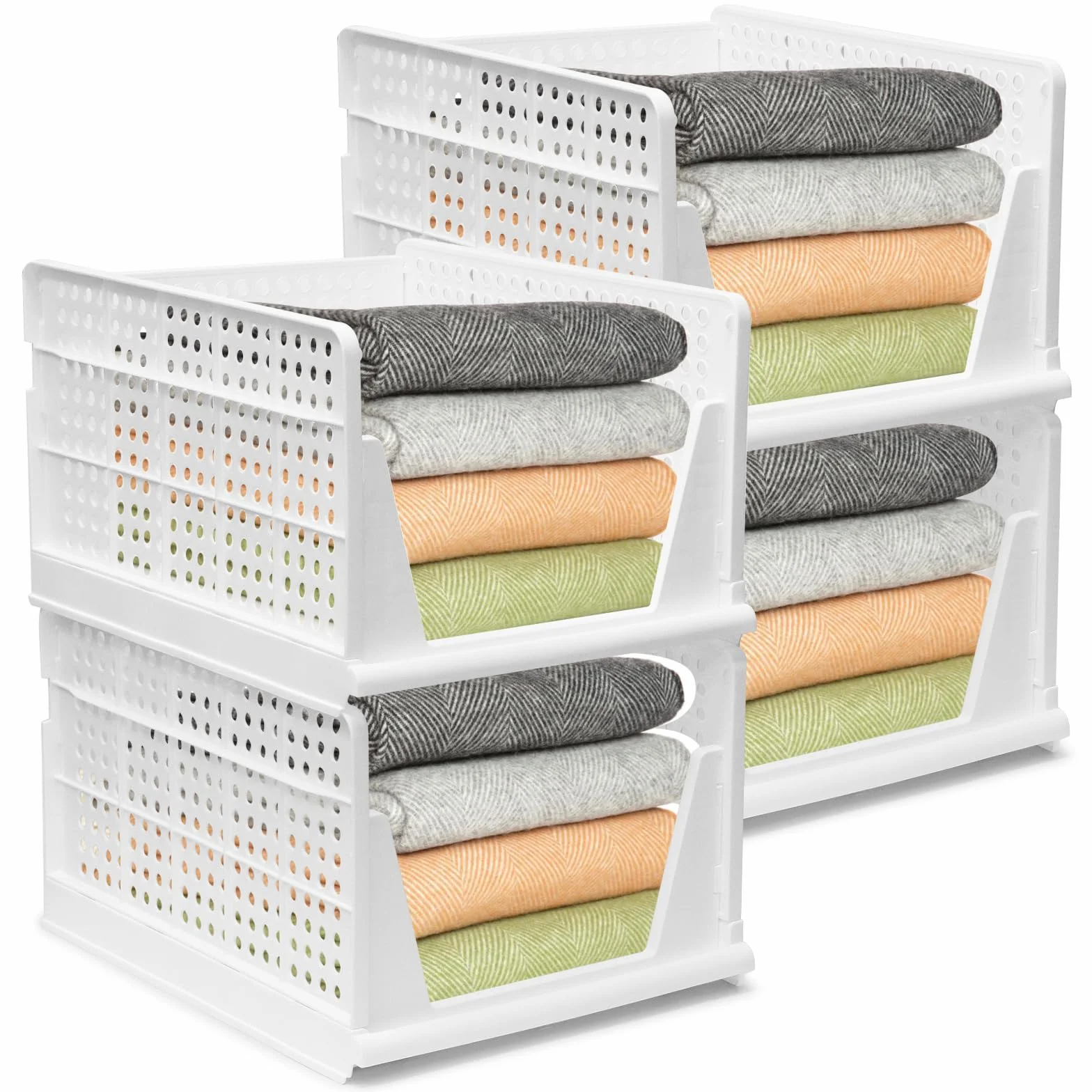 Organizzatore per Guardaroba, 4 PZ Cestini Impilabili Grandi – 43x33,5x25cm, Contenitori in Plastica per Armadio, Casa, Ufficio, Lavanderia, Vestiti, Giocattoli, Cucina