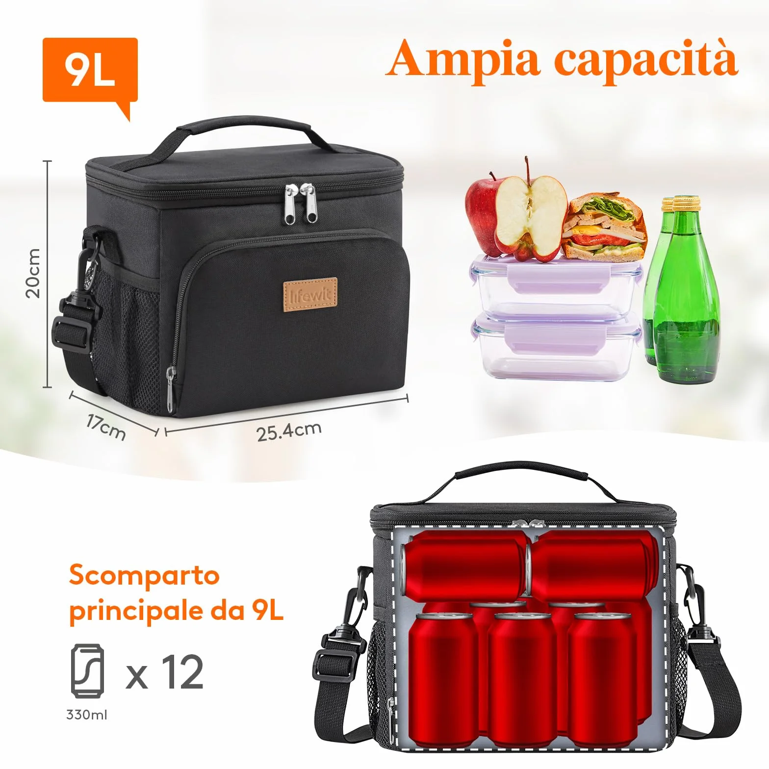 Lifewit Borsa Termica Porta Pranzo 9L Impermeabile con Tracolla Nero