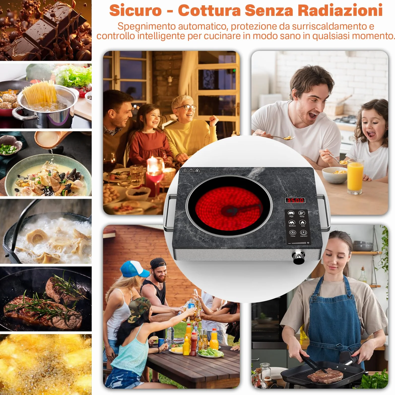 Piastra Ceramica a Infrarossi 3500W – Cottura Veloce e Sicura, Compatibile con Tutte le Pentole, Superficie in Vetro Microcristallino, Controllo Touch e Funzioni di Sicurezza