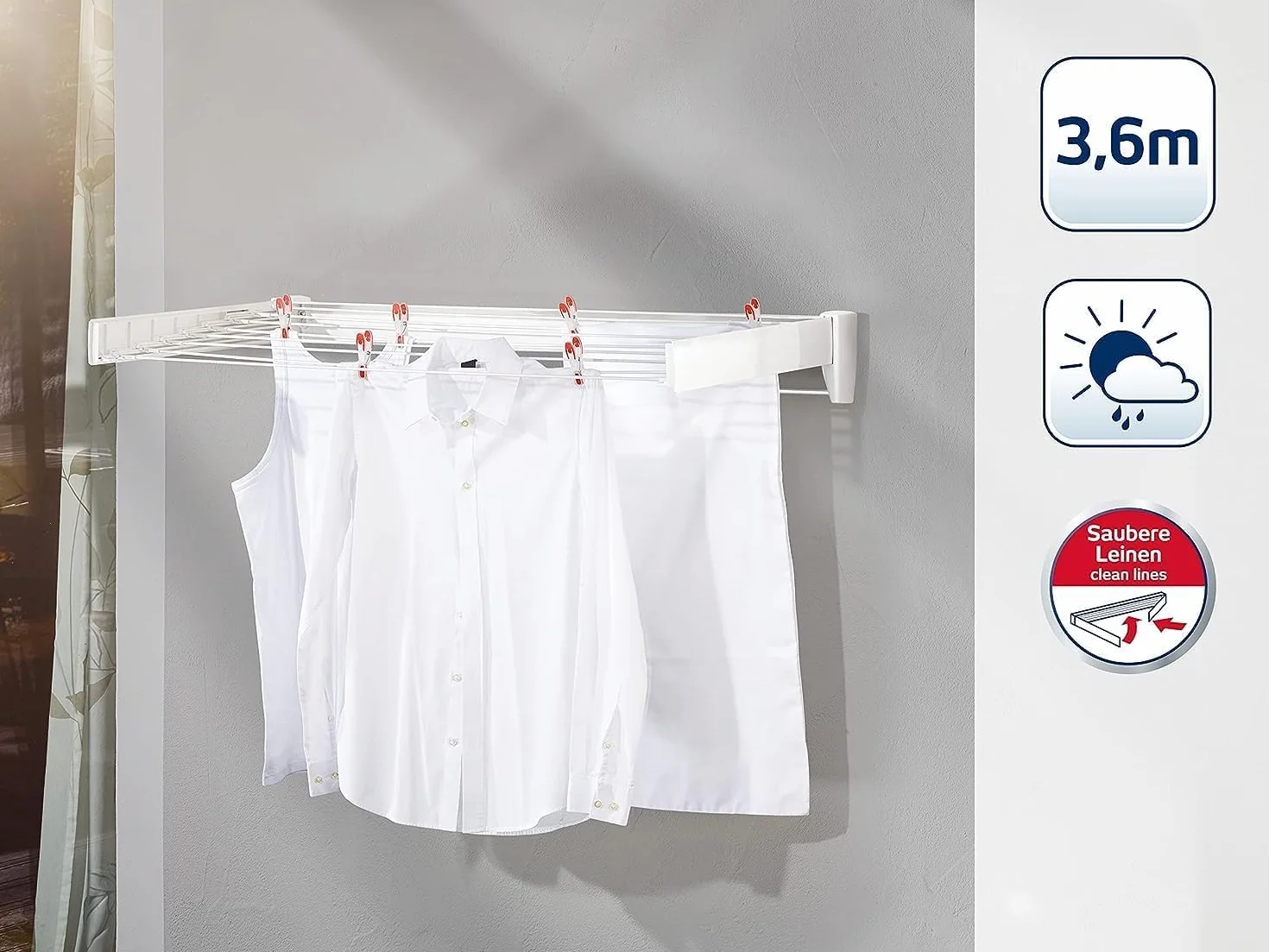Leifheit Telegant 36 Protect Plus Stendibiancheria da parete, Stendibiancheria estensibile compatto, Stendino allungabile per bagno e balcone