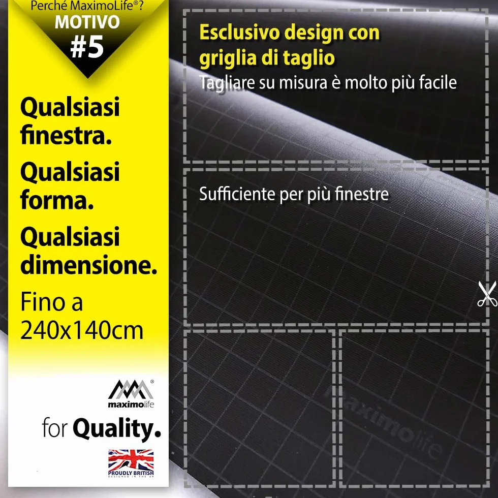 Tenda oscurante MaximoLife® Ultimate 100% | Adatta a finestre di qualsiasi dimensione/forma | Griglia guida di taglio per un taglio più facile | Ventose potenti | Gancio e passante resistenti