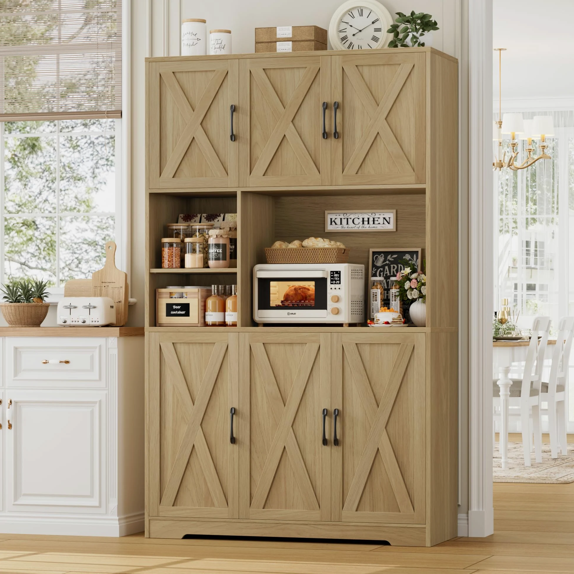 HOCSOK Credenza Cucina, Alta Dispensa Cucina con 6 Armadietti, Rimovibile Portabottiglie da parete con porta calici, Microonde con Ripiani Aperti, mobile soggiorno, Bianco (Marrone)