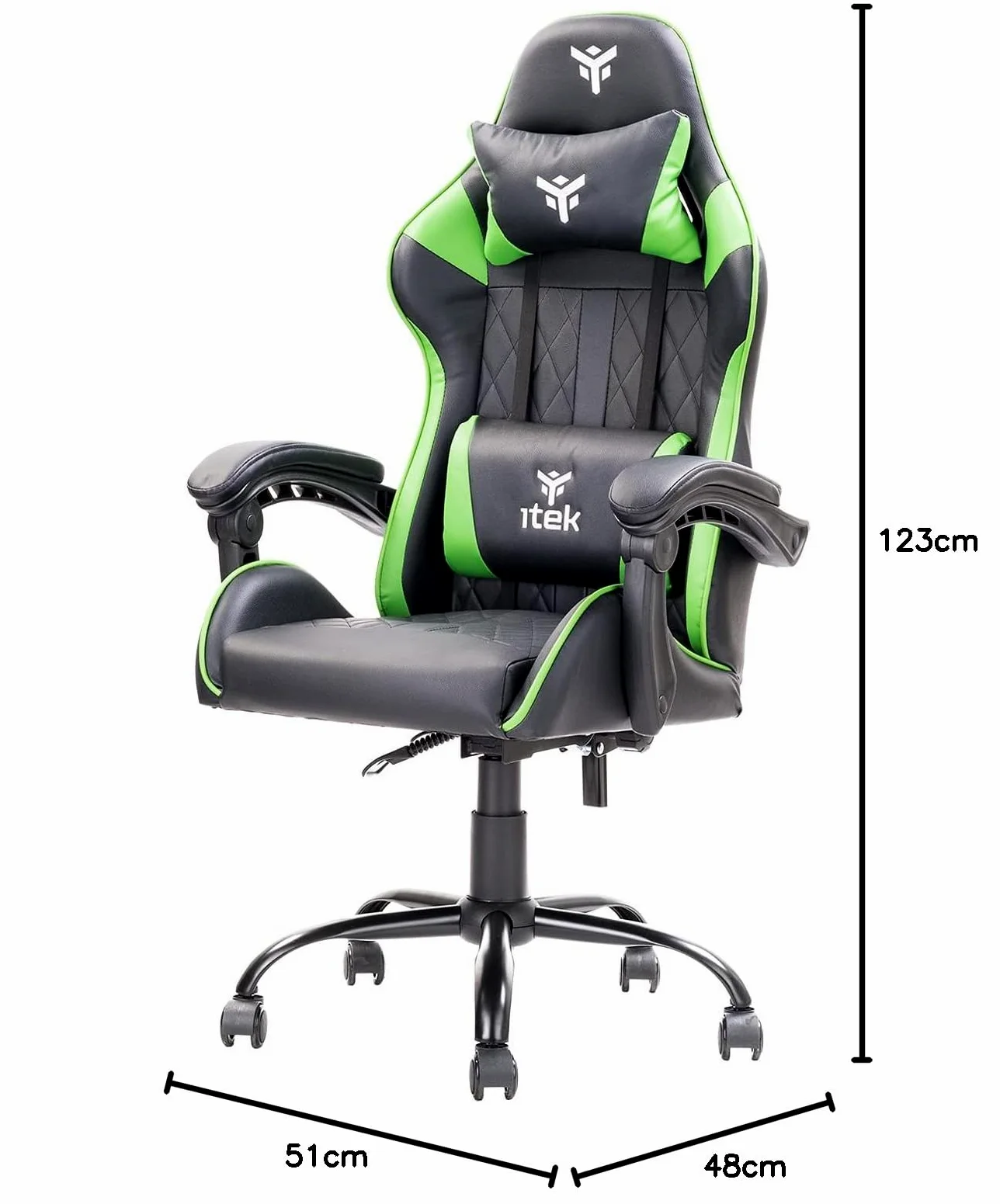 ITEK RHOMBUS PF10 Sedia Gaming ergon. Verde, schienale reclinabile, cuscino poggiatesta, sup. lombare, confort e design, ideale come sedia ufficio, sedia per studio o poltrona per gamer