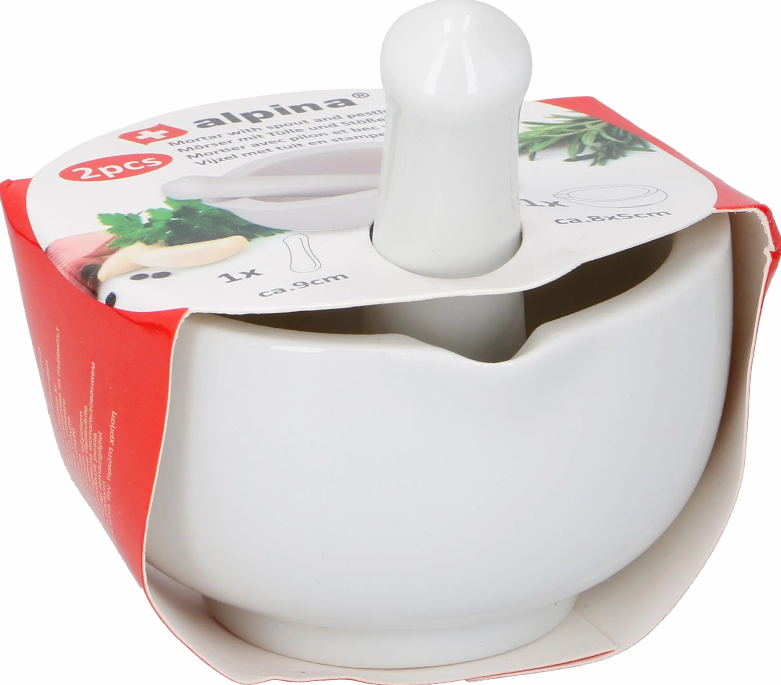 Smerigliatrice a forma di pestello e mortaio in porcellana bianca 8,5 cm Alpina