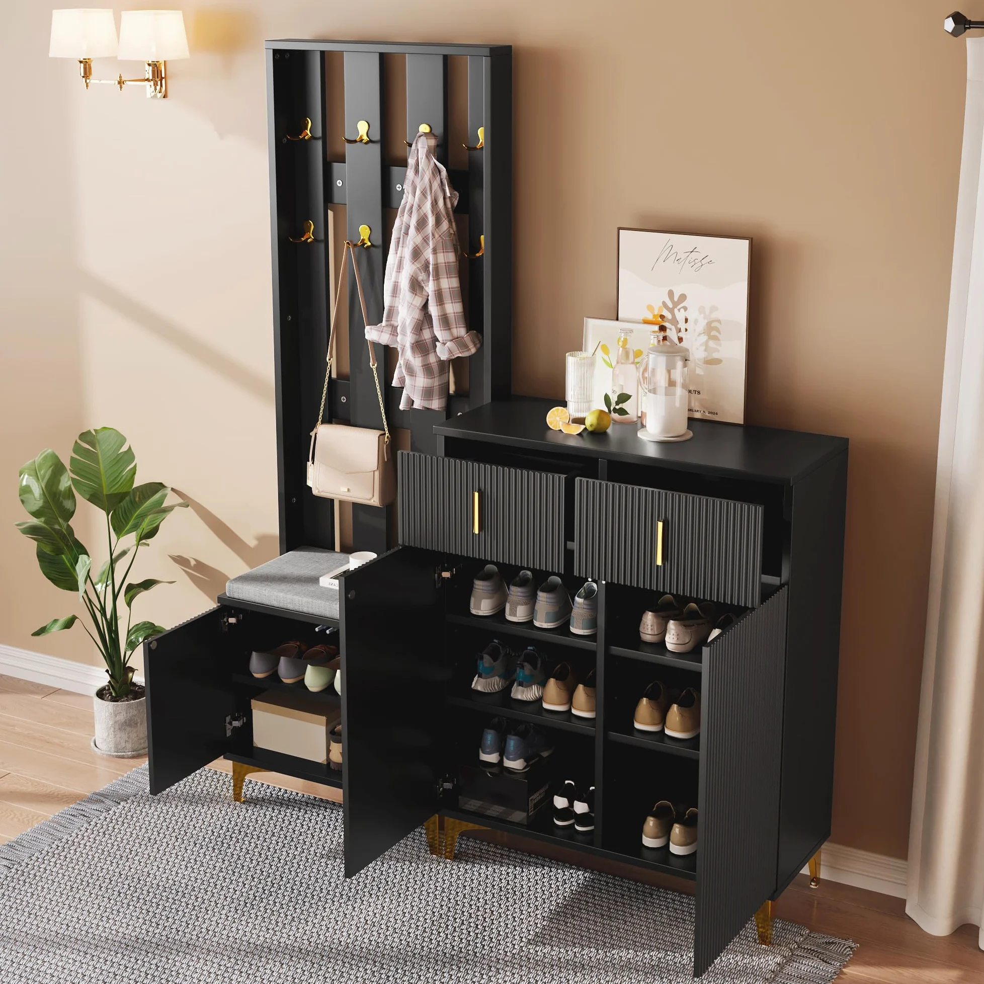 sogesfurniture Set di Guardaroba, Guardaroba per Corridoio con 8 Ganci per Abiti, Scarpiera con Cuscino, Grande Armadio con 2 Cassetti e Ante, per Corridoio e Ingresso (Nero)