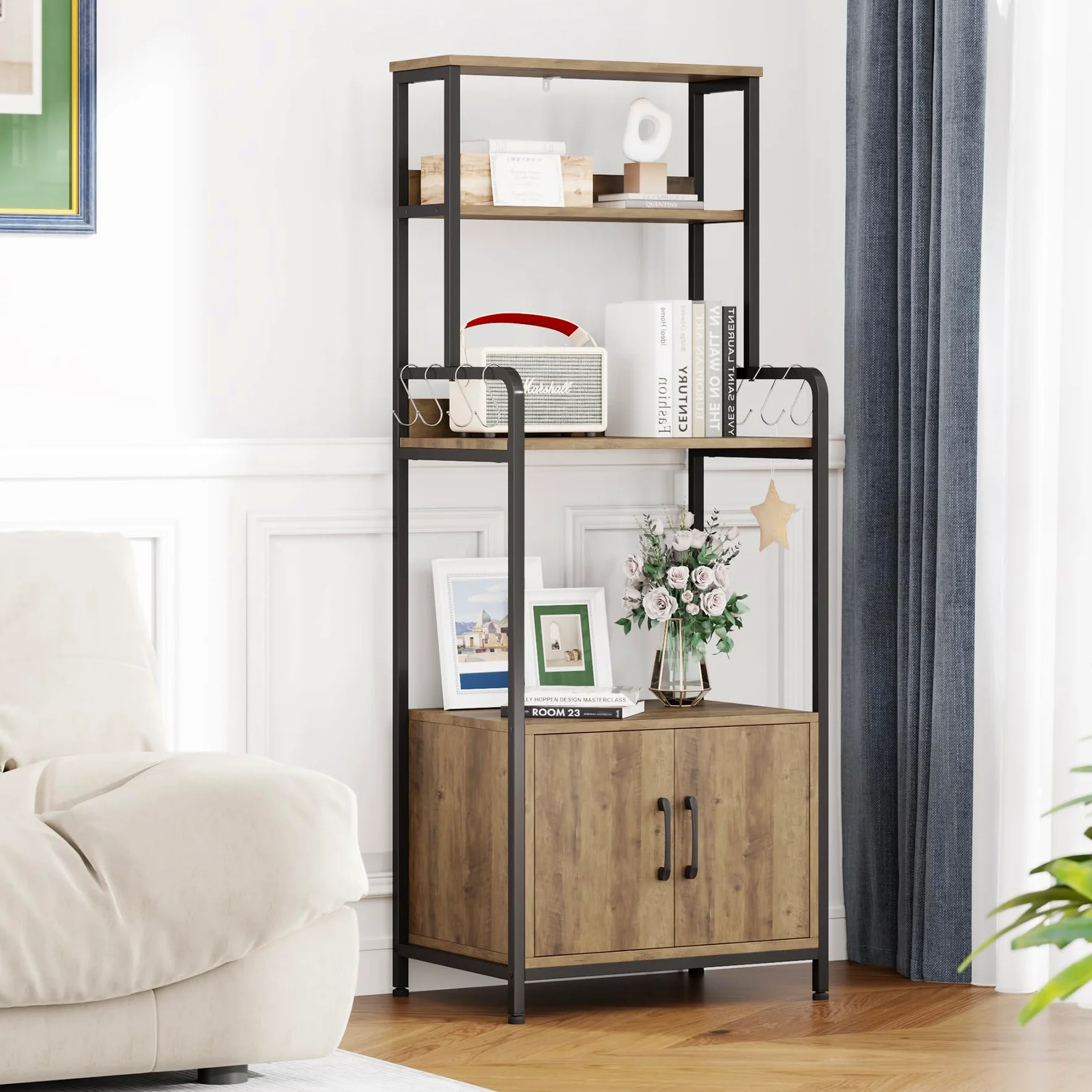 HOCSOK Scaffale da Cucina, Armadio da Cucina, Mobile per Microonde con 2 Ante, 4 Scaffale e 8 Ganci, Mobile Ausiliario per Stoviglie, Spezie, Legno, 60x40x149cm, Antico
