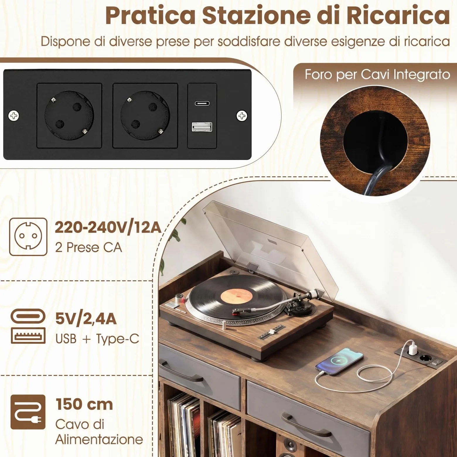 COSTWAY Supporto per Giradischi in Vinile, Mobile per Giradischi con Stazione di Ricarica, 2 Cassetti Rimovibili in Tessuto e Ripiano Regolabile, Supporto Porta Dischi Vinile per Soggiorno, Studio