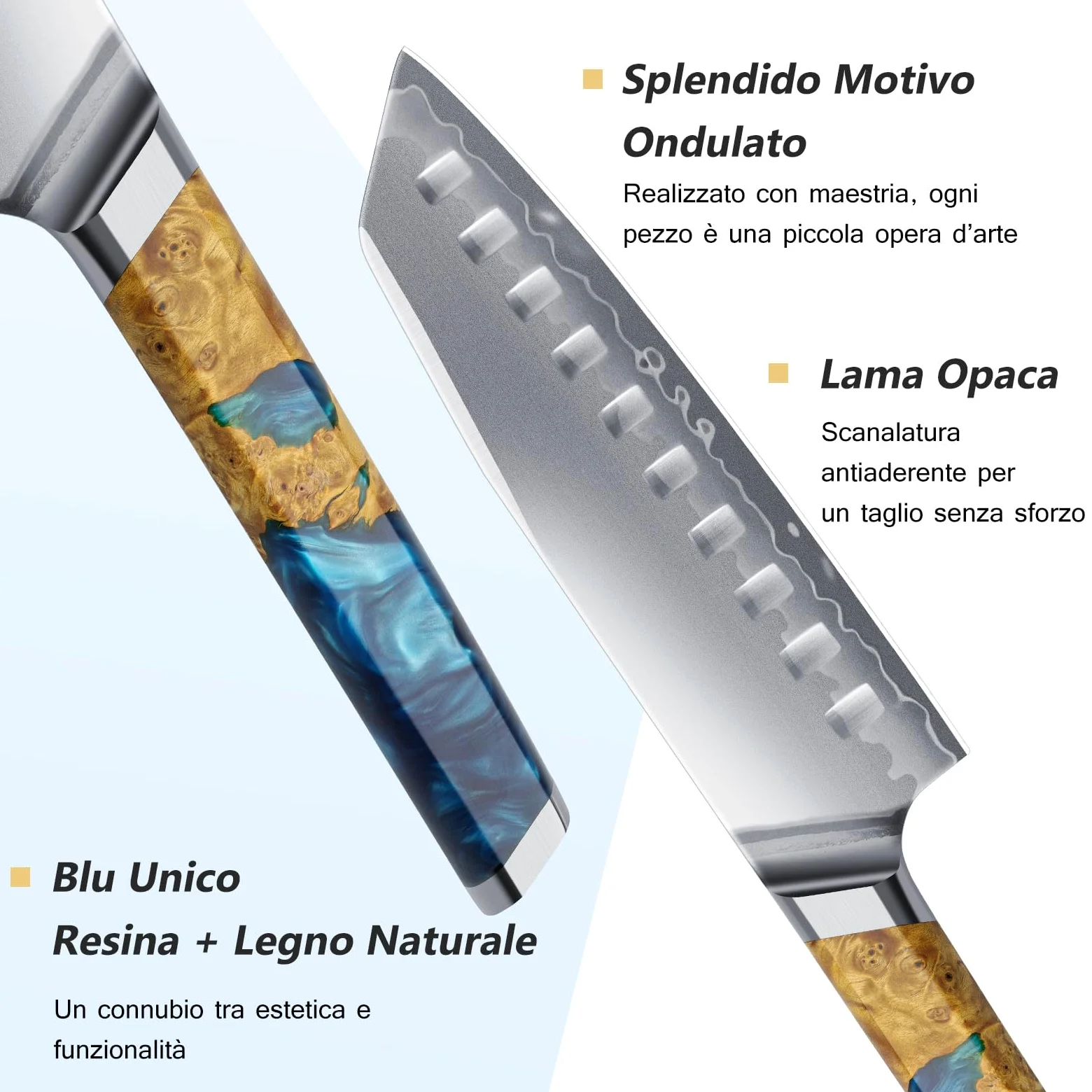 FINTISO Coltello Santoku da 18 cm, Coltello da Chef Giapponese Ultra Affilato con Nucleo in Acciaio in Polvere S35VN, 7 Strati di Acciaio Laminato, Manico in Resina Celeste e Legno Stabilizzato