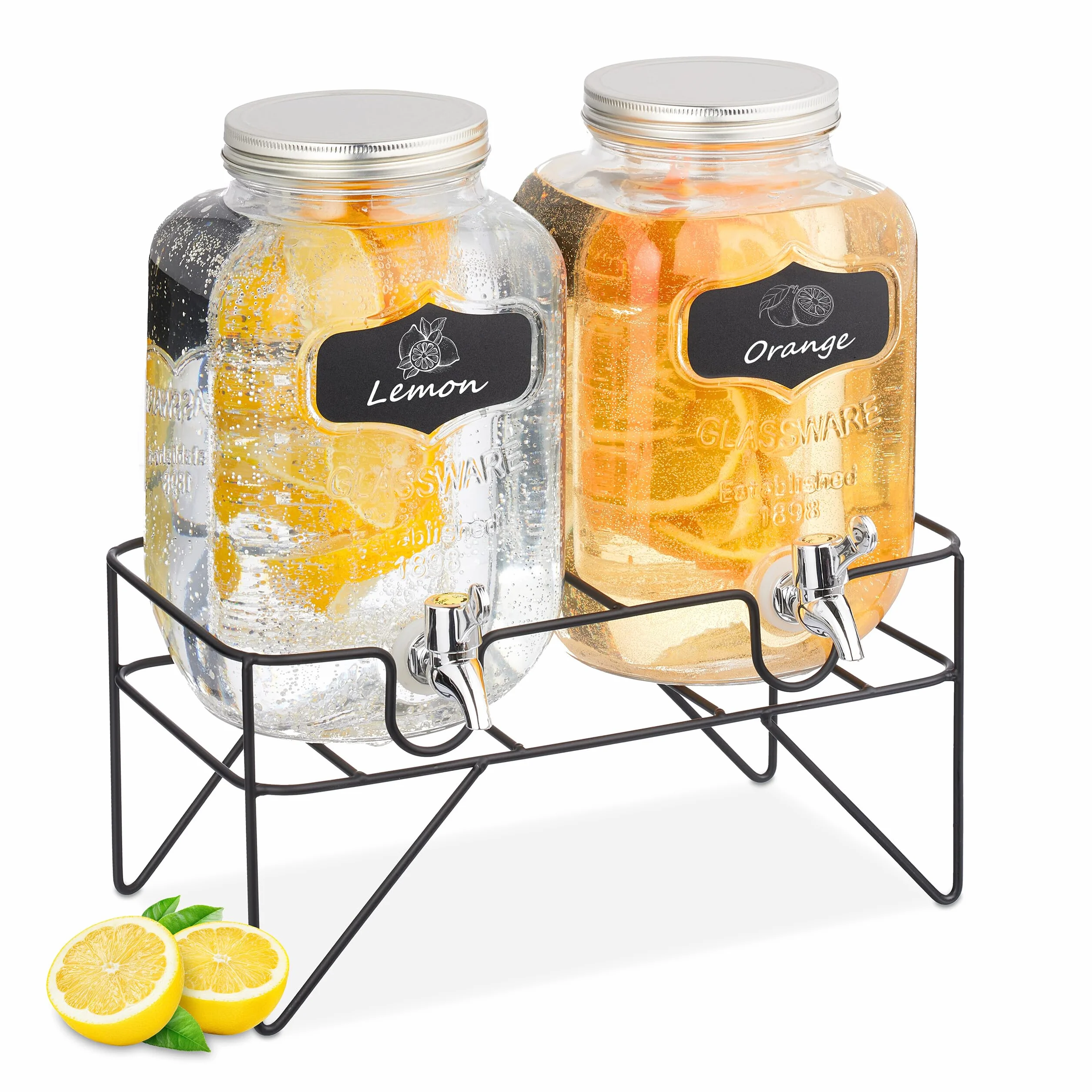 Relaxdays 2 Dispenser Vetro 4 L Rubinetto Supporto Distributore Acqua Limonate