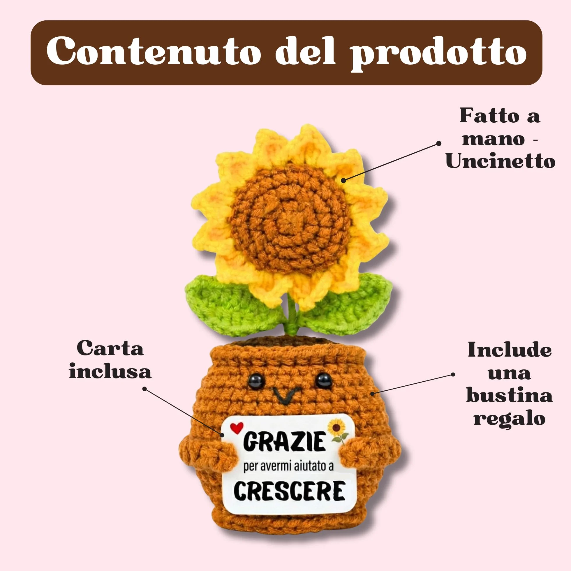 Regalo Maestra Girasole Uncinetto Grazie per avermi aiutato a crescere Peluche Positivo Insegnante