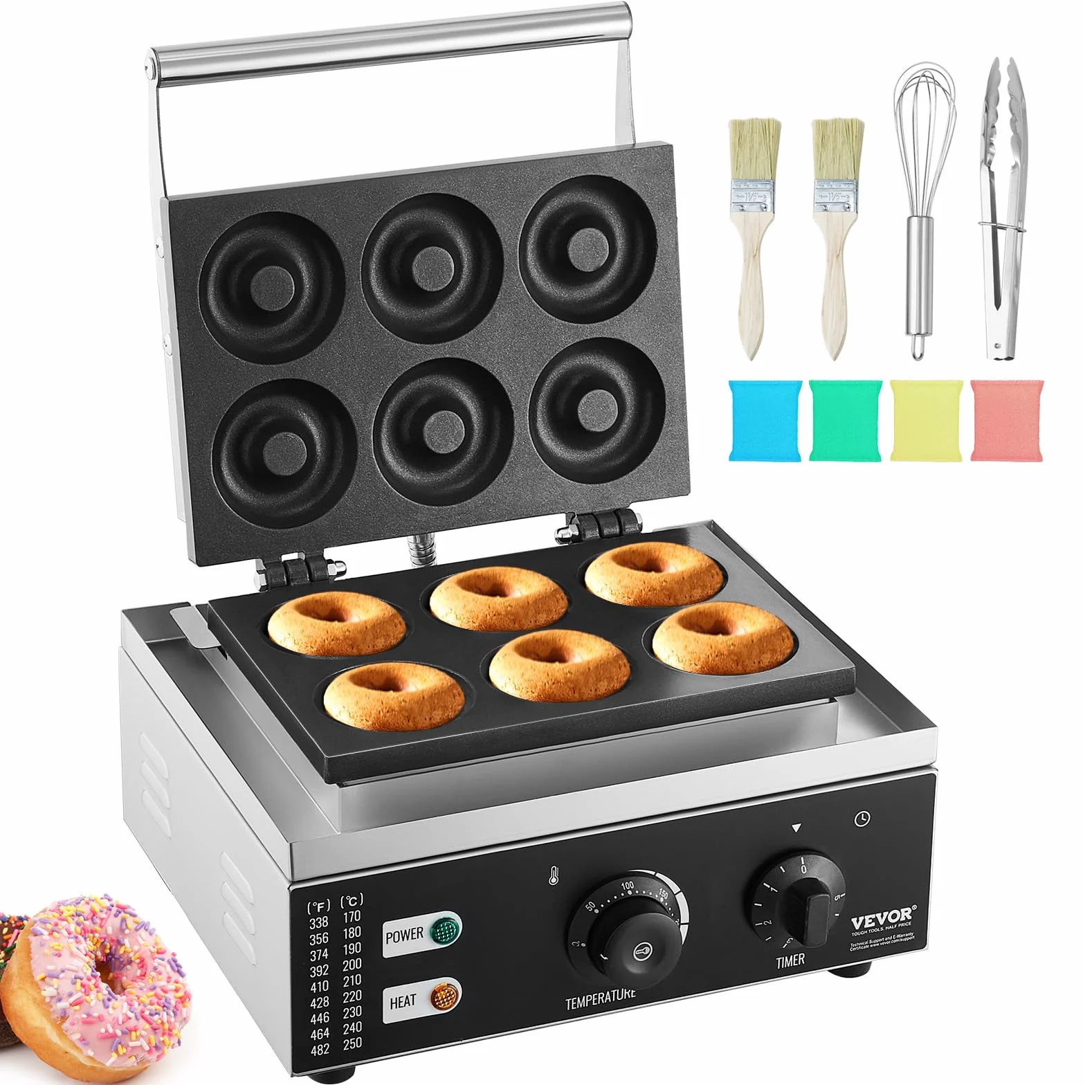 VEVOR Macchina per Ciambelle Elettrica 1550 W Macchina per Ciambelle Commerciale con Superficie Antiaderente, Entrambi Lati, Produce 6 Ciambelle, Temperatura 50-300 ℃, per Ristorante, Uso Domestico