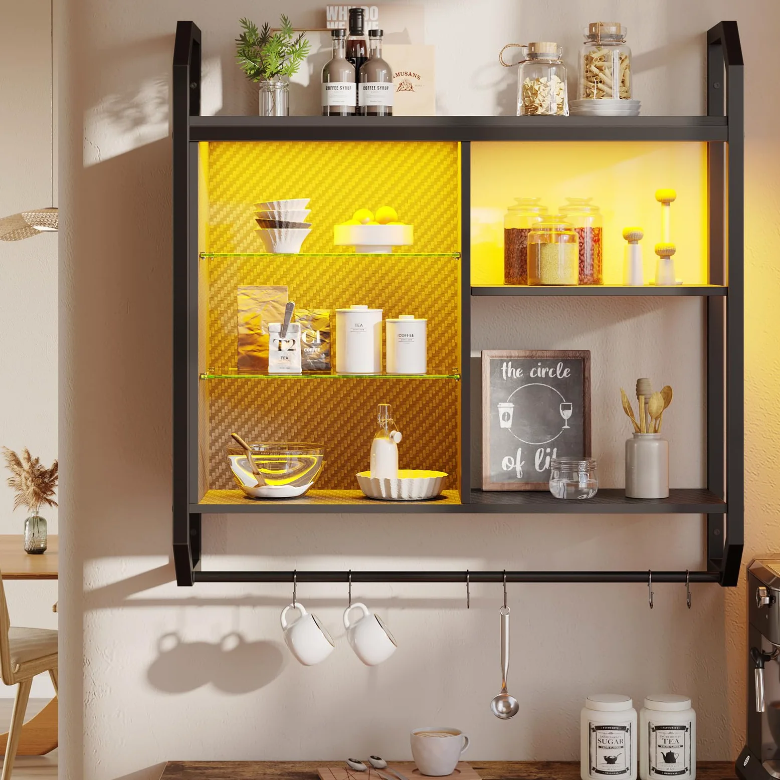 Bestier Mensola da cucina sospesa 84 cm con illuminazione a LED, mensola da parete con 4 ripiani in vetro regolabili per cucina, soggiorno, bar, libreria e sala da gioco, inclusi 6 ganci a S, colore