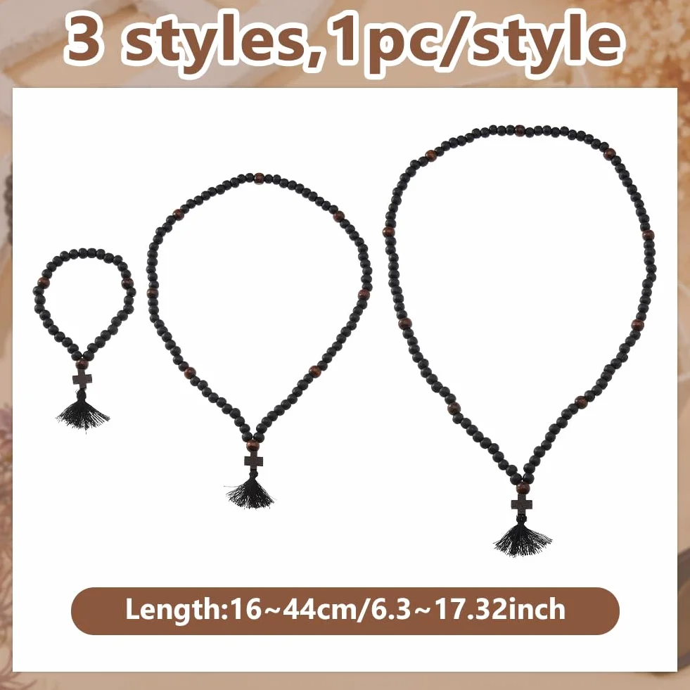 DICOSMETIC 3 corde da preghiera cristiana ortodossa Chotki in legno 30/80/100 nodi, perline per preghiera anglicana, croce nera, perline di benedizione con nappa, regalo religioso per uomini e donne