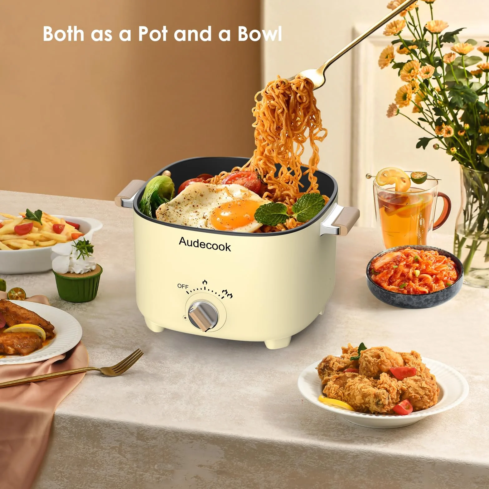Audecook Mini Hot Pot Elettrica 2.5L Antiaderente Pentola Elettrica 1-3 Persone Beige