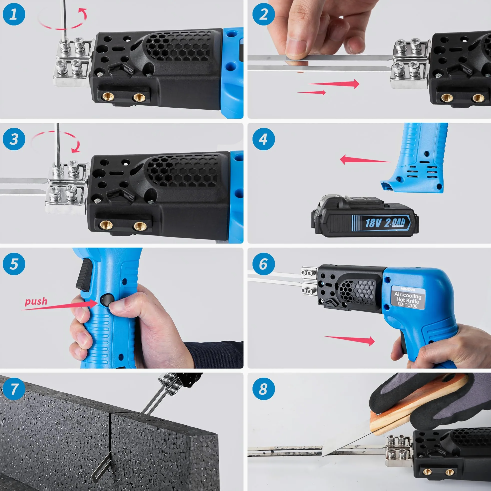 MINOVA Coltello elettrico elettrico senza fili, con 3 lame da 15,2 cm, con custodia resistente e una batteria da 18 V 2,0 Ah per EPP, EPS, XPS, EVA, EPE, PU, KT, spugna