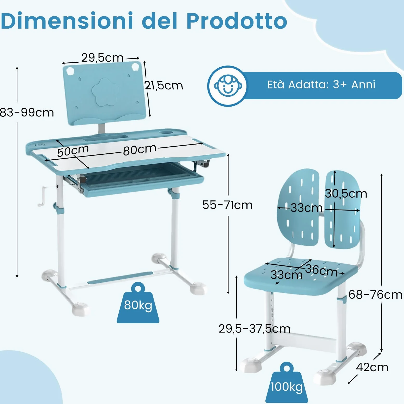 RELAX4LIFE Scrivania per Bambini con Sedia, Set Tavolo da Studio con Piano Inclinabile, Altezza Regolabile, Supporto per Libri, Portabicchieri, Cassetto Estraibile, Sedia Ergonomica (Blu)