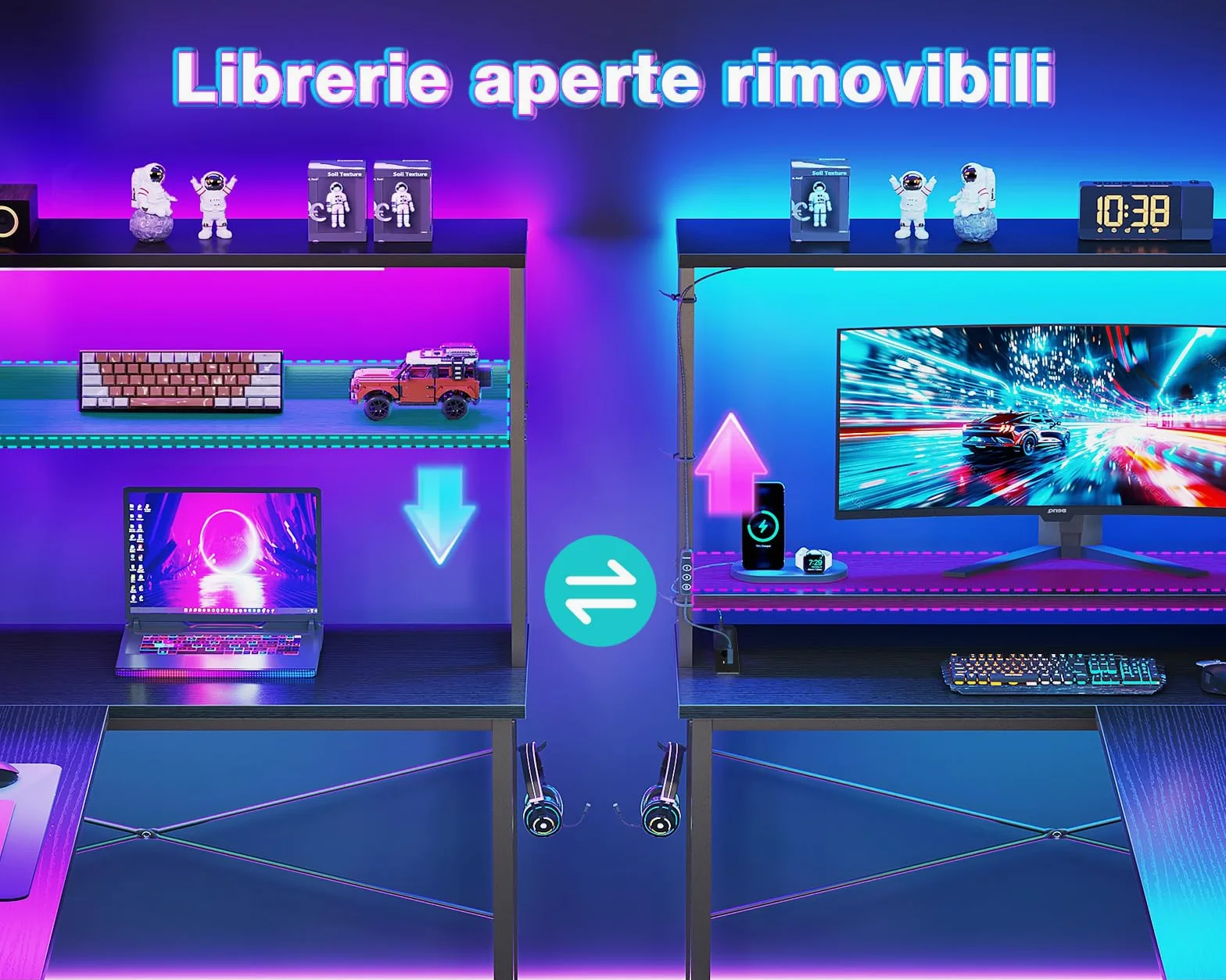 Coleshome Scrivania Gaming con LED e Prese, 135 × 100 cm Scrivania Gaming Angolare Reversibile con Scaffali Portaoggetti, Scrivania Angolare con Borsa Portaoggetti per Giocatori, Nero