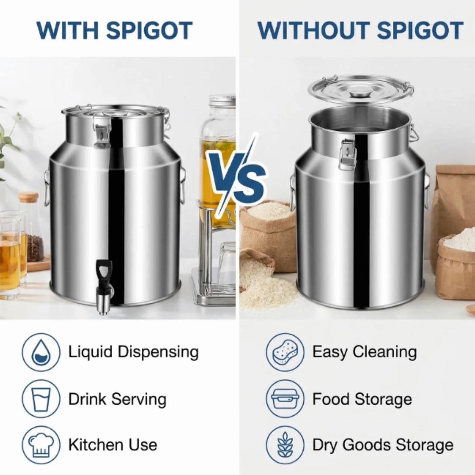 Bidone del Latte in Acciaio Inox 304, Contenitore Latte Professionale | Con Rubinetto o Maniglia, Fusto Ermetico per Olio Oliva e Vino, da 5L a 100L, Argento(With Spigot,18L/4.8 Gal)