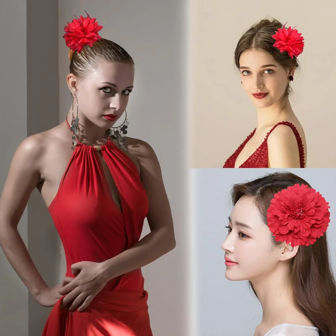 Fermaglio Hawaiana Fiori Orchidea Nuziale Capelli Clip Chiffon Rosso 2 Pezzi