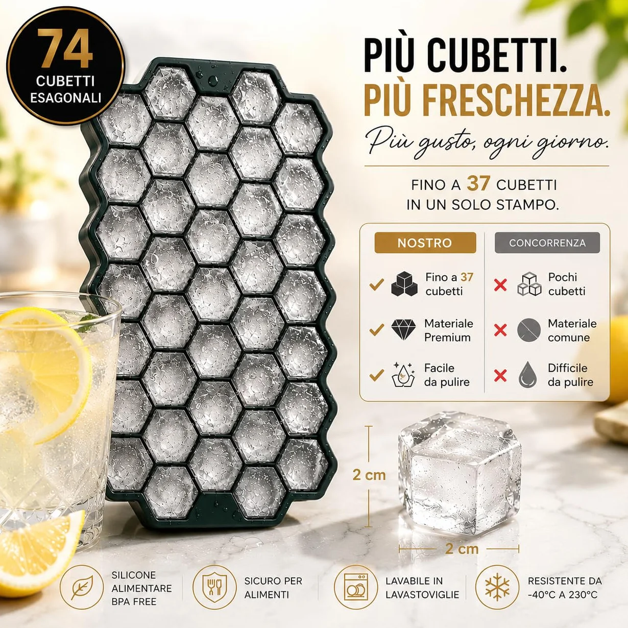 Stampi Ghiaccio in Silicone con Coperchio Set 2 Impilabili BPA Free 74 Cubetti Facile Rilascio Salvaspazio