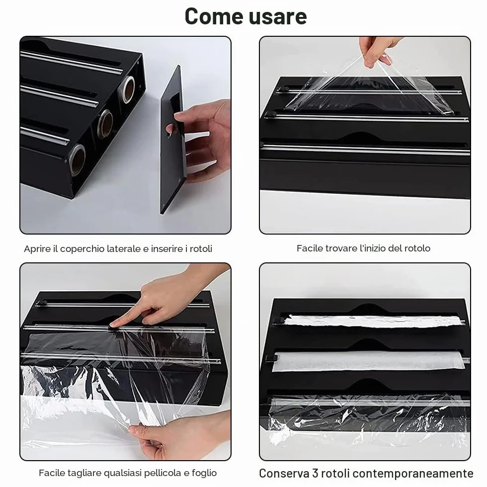 Dispenser di Pellicole in Acrilico Dispenser per Pellicola e Alluminio 34,5 x 21,6 x 7cm Dispenser Di Fogli Di Alluminio per Organizer da Cucina, Nero