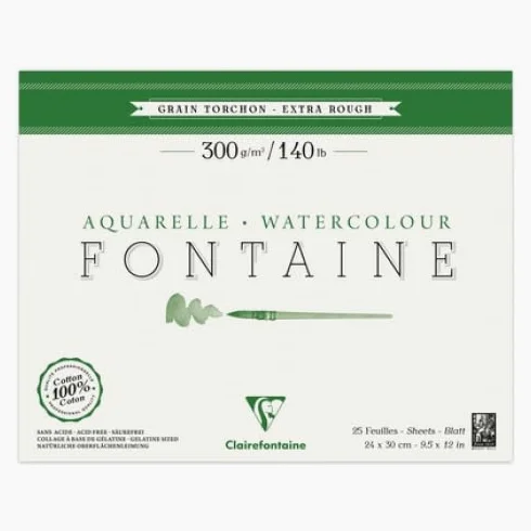 Blocco per Appunti, di 25 fogli di Carta acquerello Fontaine grana strofinaccio, 300 g/m², 24 x 30 – Set di 2