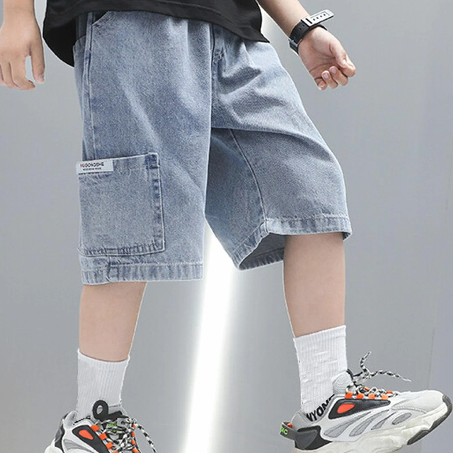Pantaloncini da jogging in denim per bambini con coulisse e tasche 3-12 anni