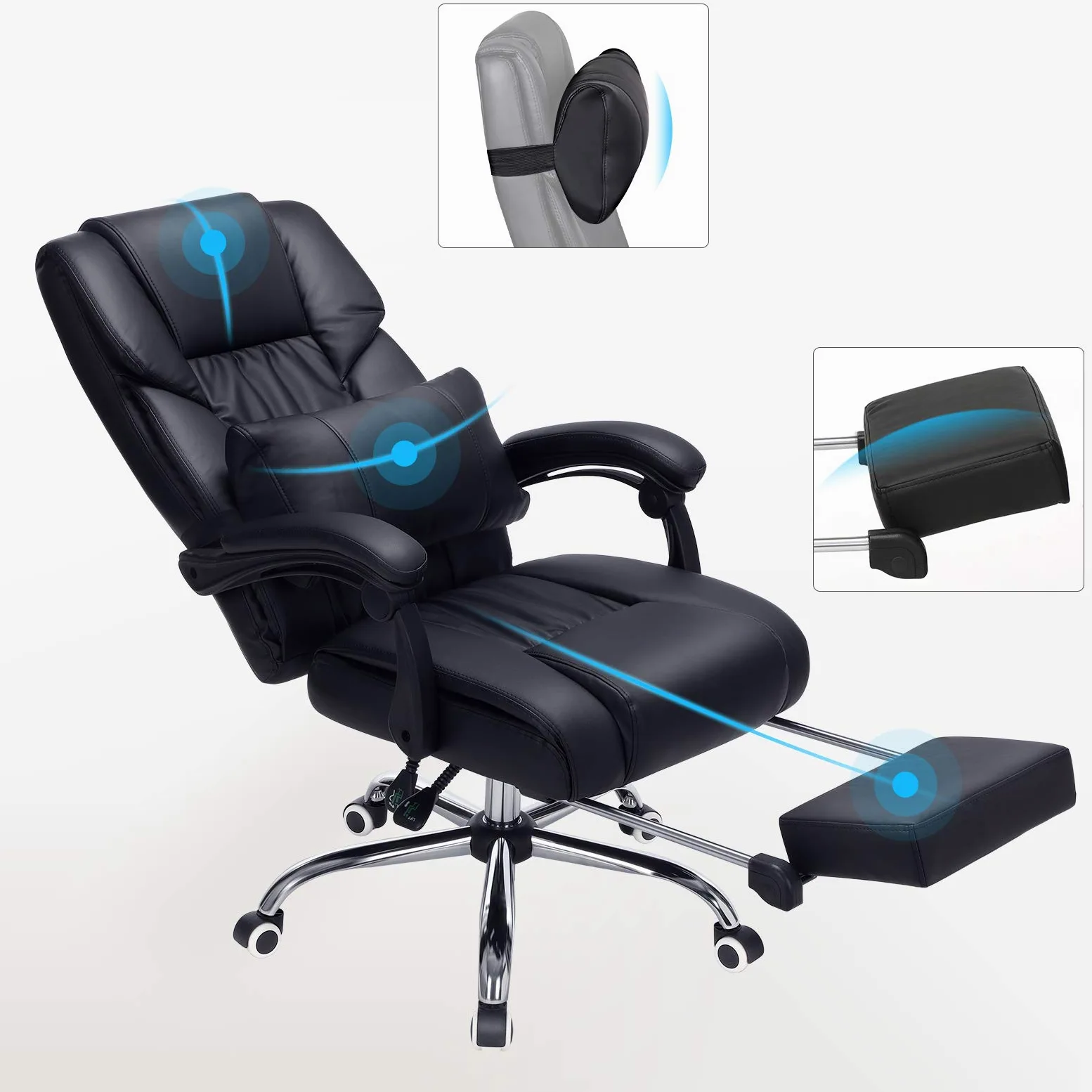 SONGMICS Poltrona Girevole con Poggiagambe Sedia Direzionale Ergonomica da Ufficio Studio Regolabile con Rotelle OBG71B, Finta Pelle, Nero, 7070 （117-125）