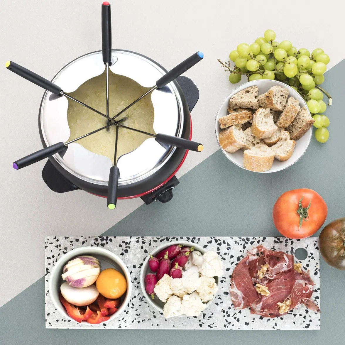 H.Koenig ALP1800 Set per fonduta elettrico 2L acciaio inox 6 forchette ciotola antiaderente rimovibile