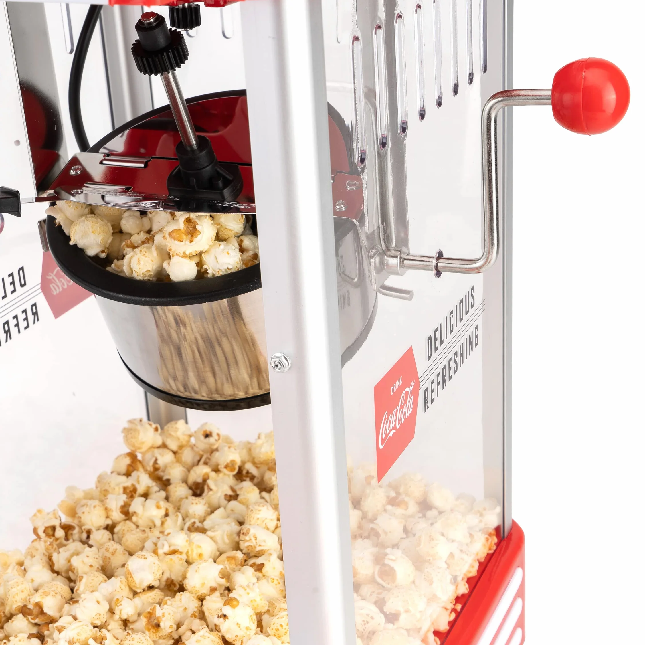 Salco Coca-Cola - Macchina per popcorn popcorn in stile retrò rosso (anni 50), caldaia in acciaio inox con rivestimento antiaderente, sistema di agitazione integrato, illuminazione e avvolgicavo