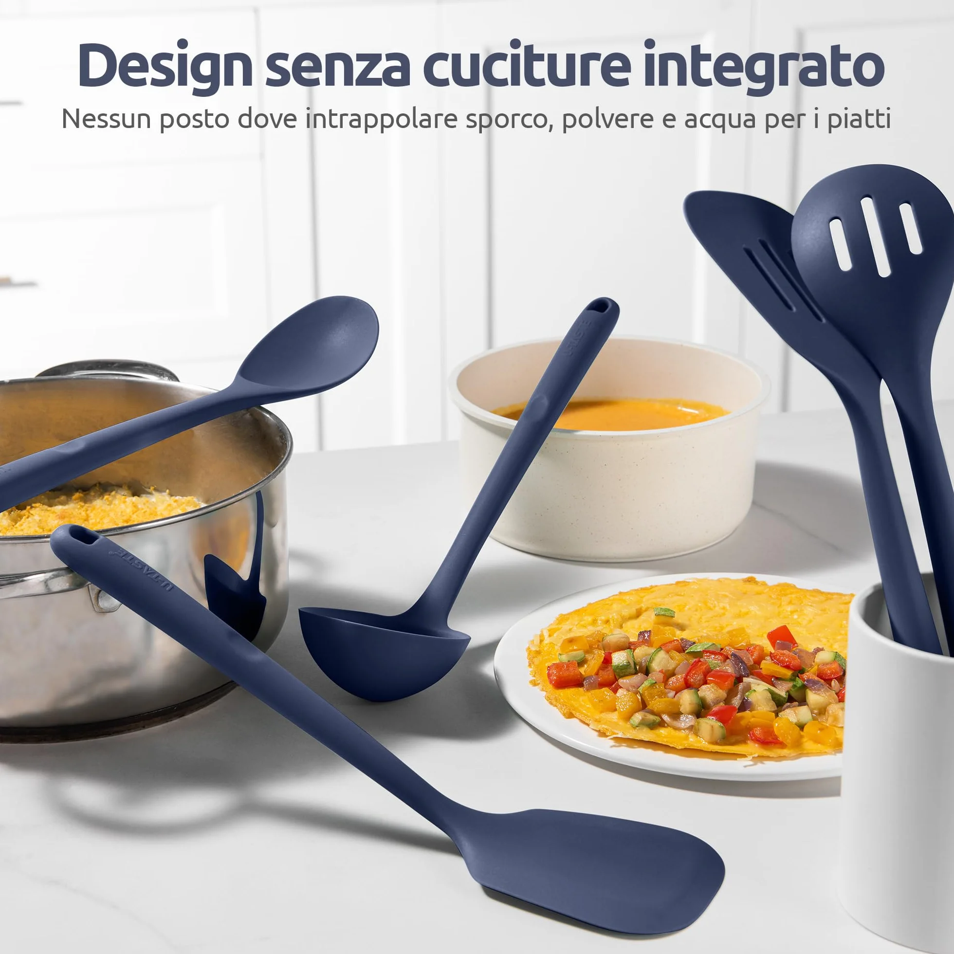 U-Taste Utensili da cucina in silicone extra lunghi 315℃, Spatole, cucchiai e mestolo antiaderente (5 Pz, Blu notte)