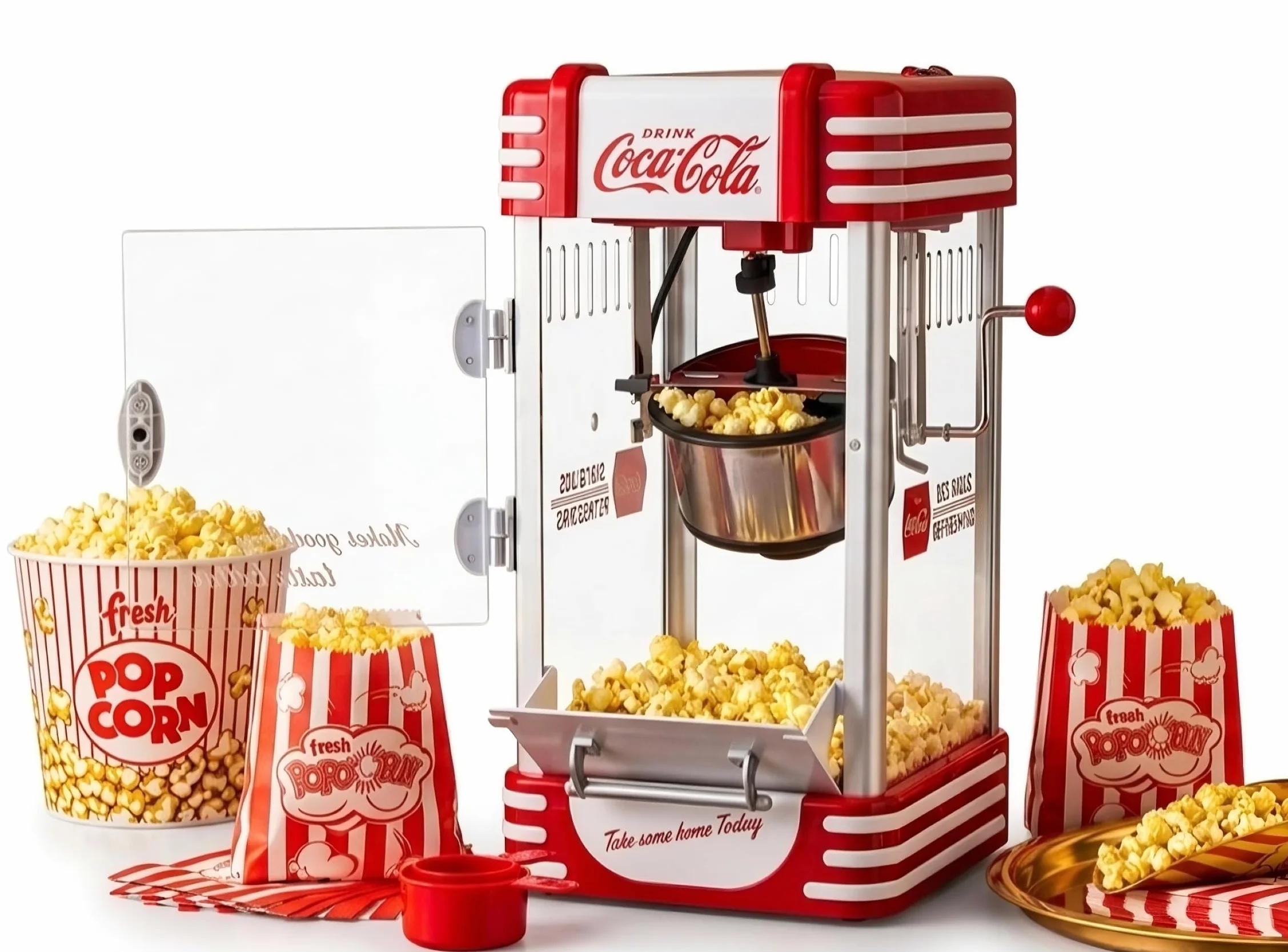 Salco Coca-Cola - Macchina per popcorn popcorn in stile retrò rosso (anni 50), caldaia in acciaio inox con rivestimento antiaderente, sistema di agitazione integrato, illuminazione e avvolgicavo