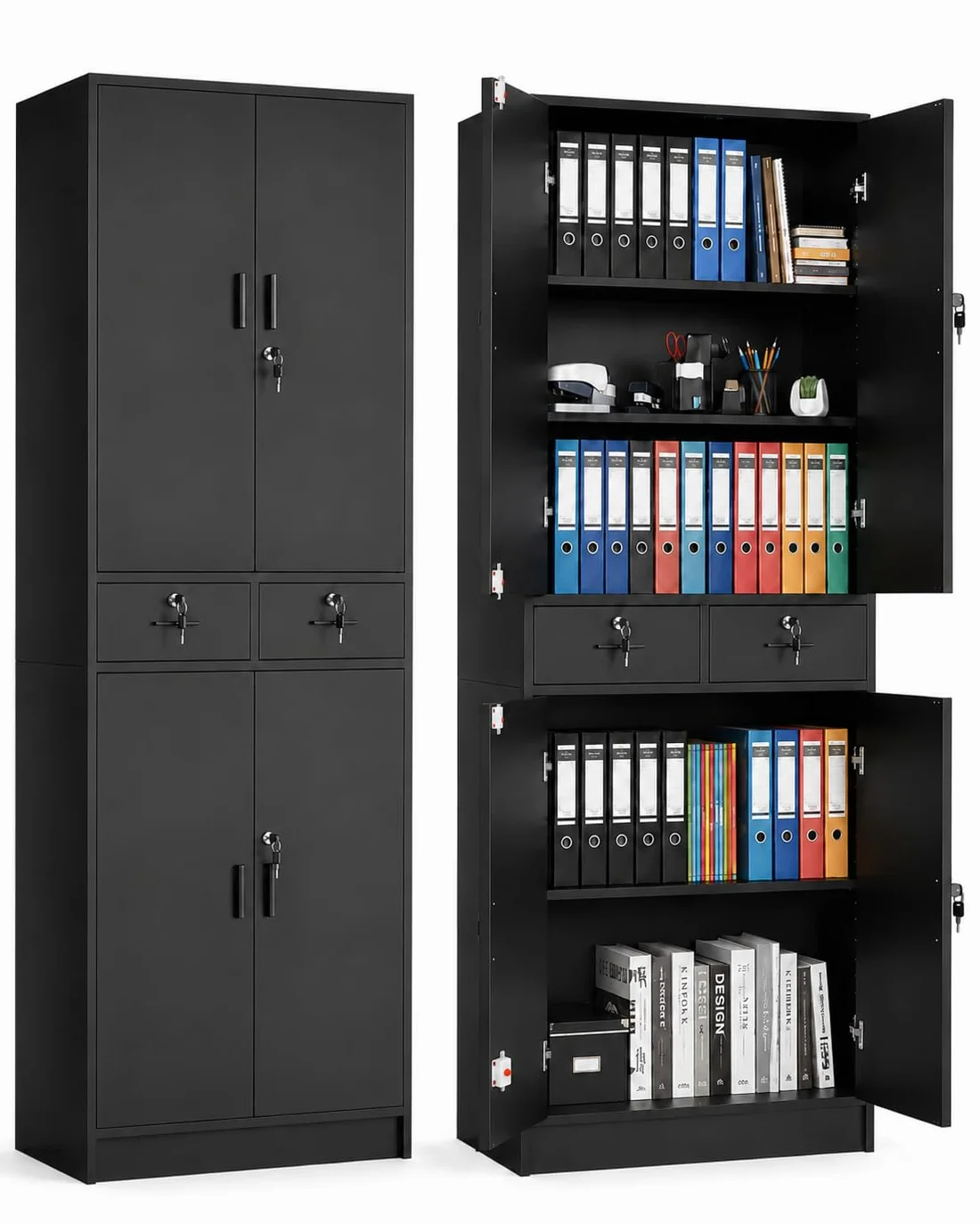Armadio Alto 200 cm Schedario da Ufficio con Serratura Armadio Multiuso in Legno con 4 Ante 2 Cassetti e Ripiani Regolabili Armadio da Garage Nero 78 x 40 x 200 cm