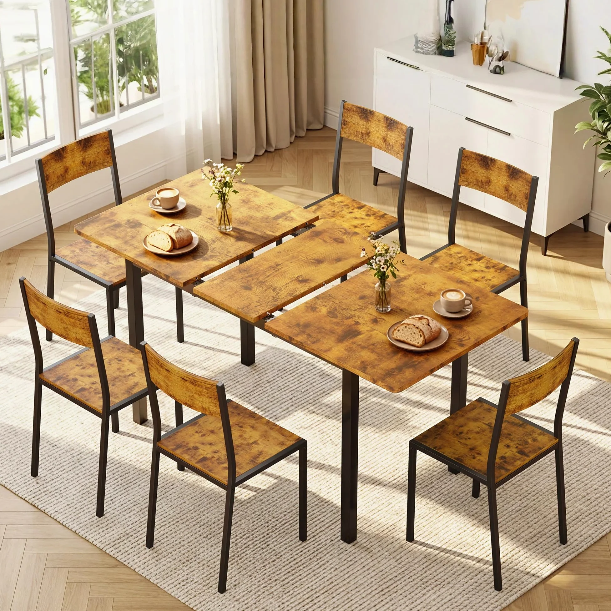 Xbro Set Tavolo e Sedie 6 Posti Allungabile, Tavolo da Pranzo con 6 Sedie, Salvaspazio, Struttura in Metallo Stabile, Facile da Montare, Cucina Soggiorno 110–140 cm