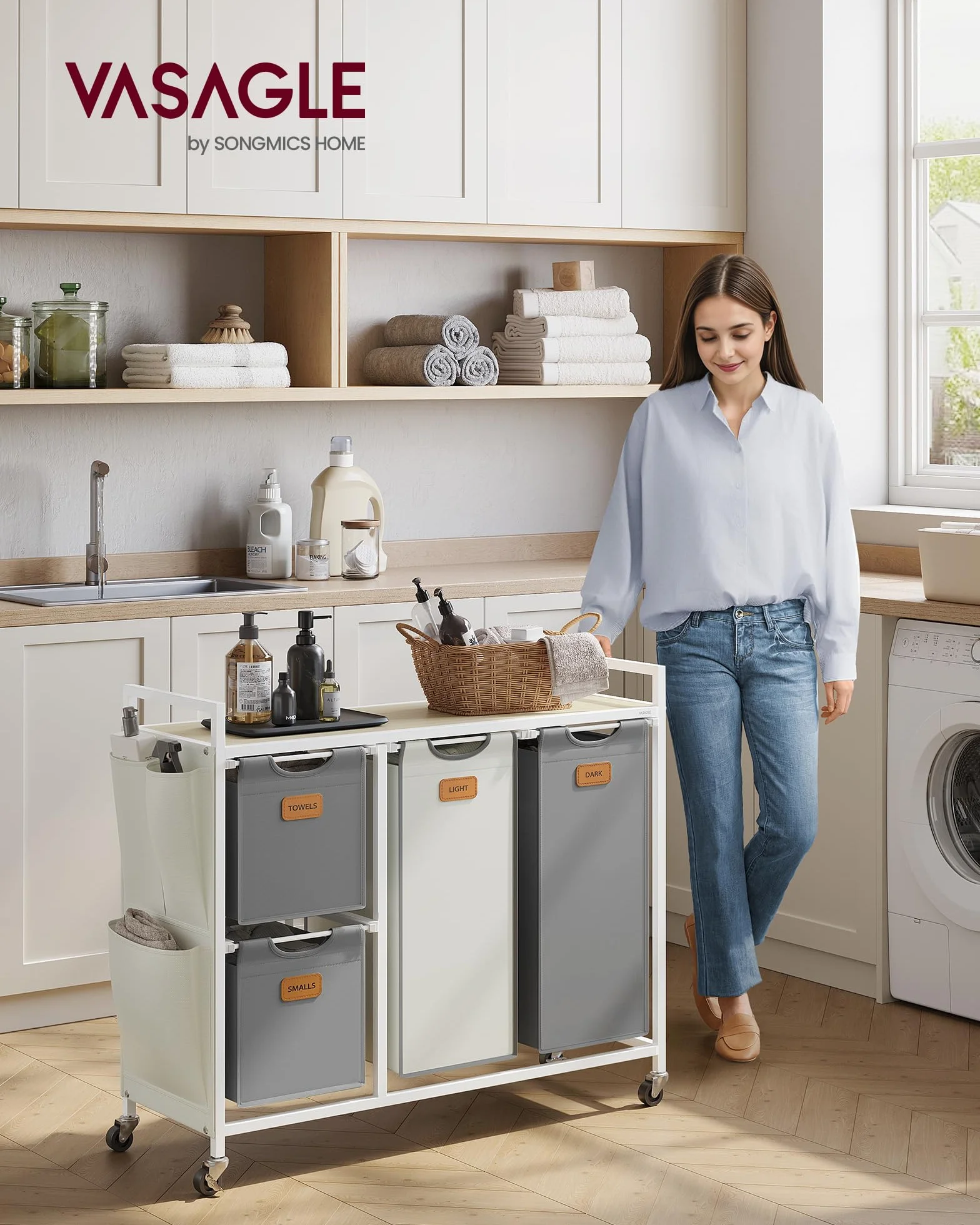 VASAGLE Carrello Portabiancheria 4 Scomparti 150 L con Piano e Sacchi, Beige Naturale Grigio Tortora Bianco Crema