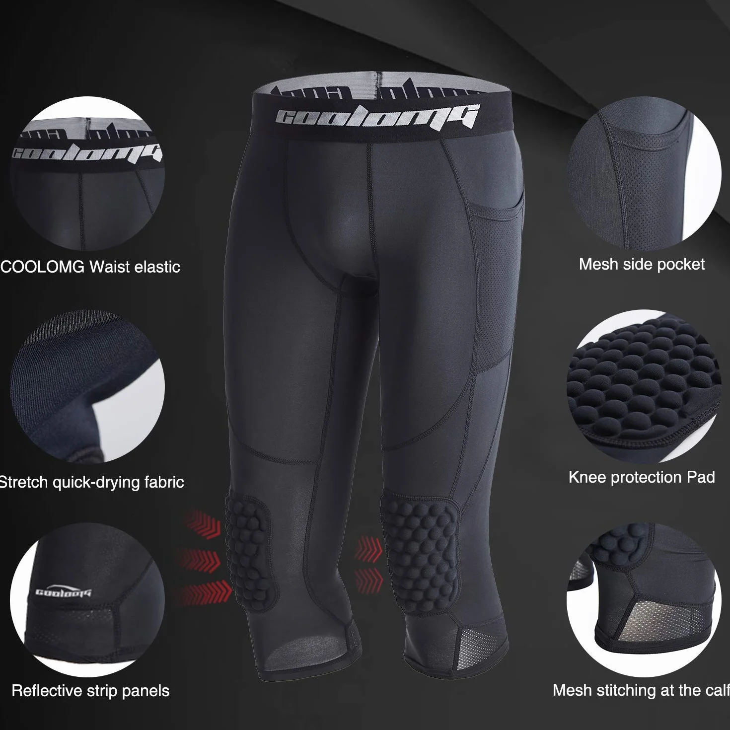 COOLOMG Pantaloni da basket con ginocchiera per bambini, a compressione a 3/4, leggings imbottiti