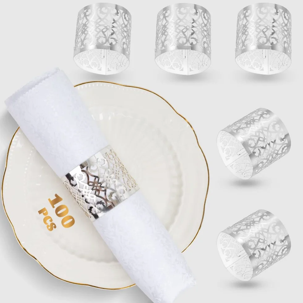 100 Pezzi Anelli Portatovagliolo,Anelli di Tovagliolo 3D di Carta,Portatovaglioli da Tavola,Anelli per tovaglioli per Compleanno Battesimo Matrimonio Cene,Banchetti(Argento)