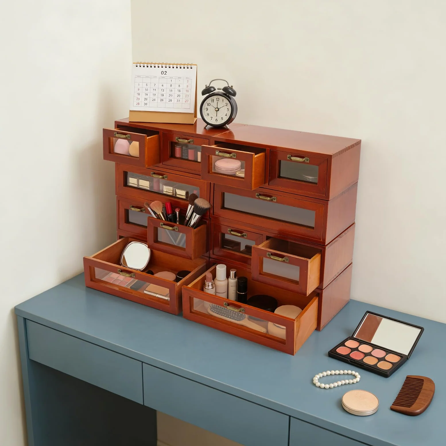 Armadio impilabile in legno con 12 cassetti (per 30 x 18 x 10 cm) | Cassettiera con maniglie e finestre trasparenti, organizer per cosmetici, gioielli, forniture per ufficio, piccoli attrezzi