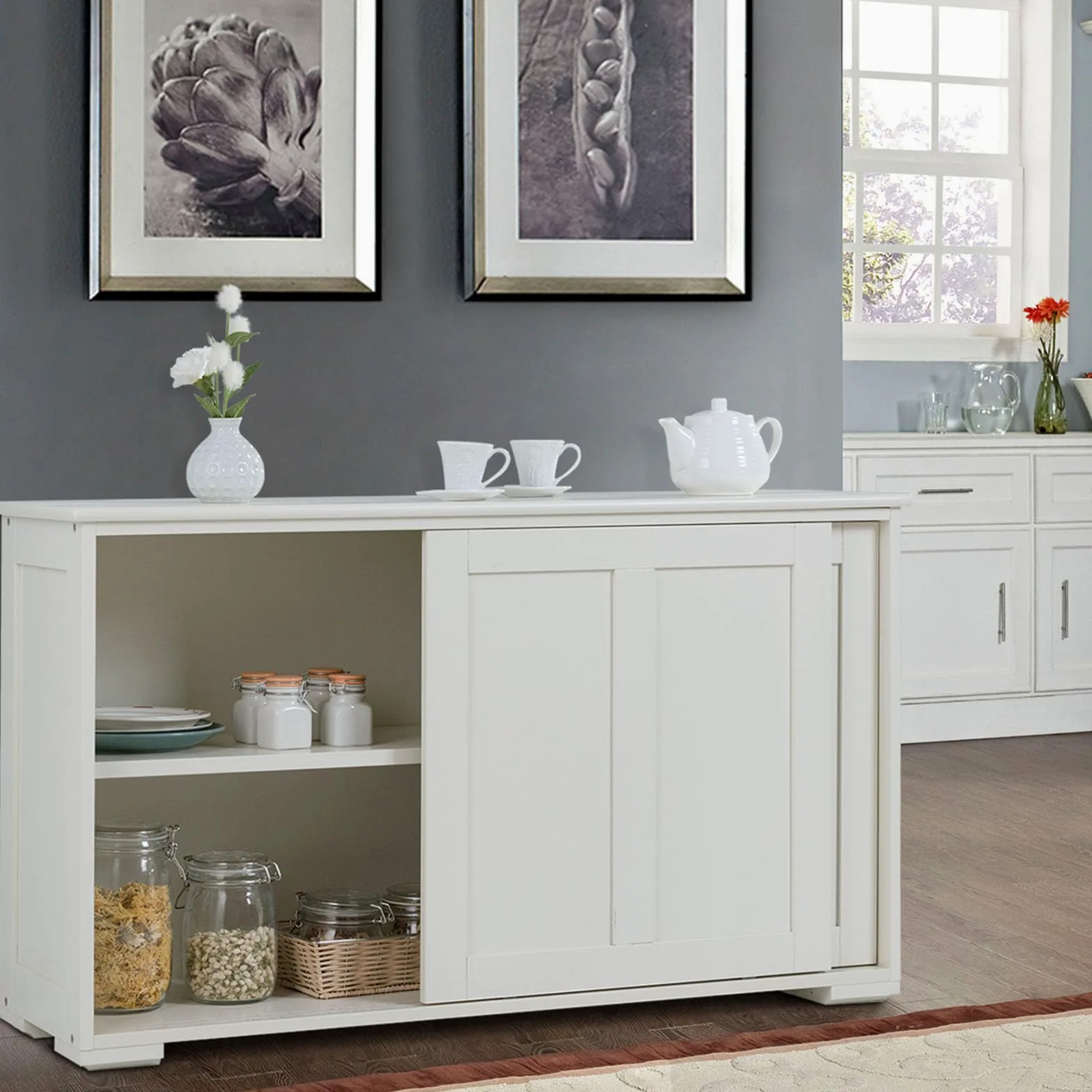 COSTWAY Armadietto da Cucina Mobiletto per Cucina Composto da 2 Porte Scorrevoli Dimensioni: 106,5 x 33 x 60 cm (Crema)