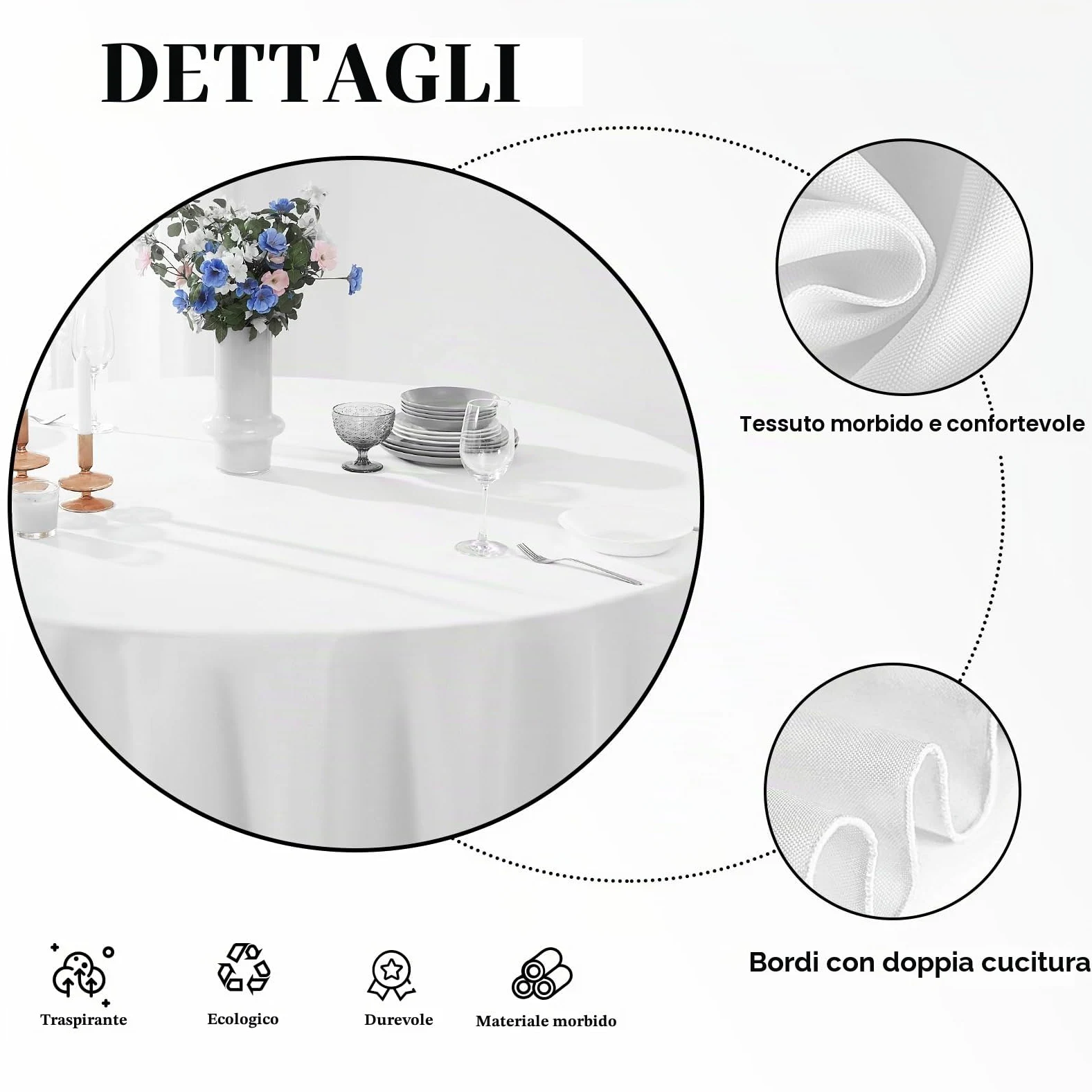 Confezione da 8 tovaglie rotonde bianche da 332 cm per tavoli da pranzo | Tovaglia lavabile, decorativa, in lino, poliestere, per banchetti, buffet, feste, matrimoni