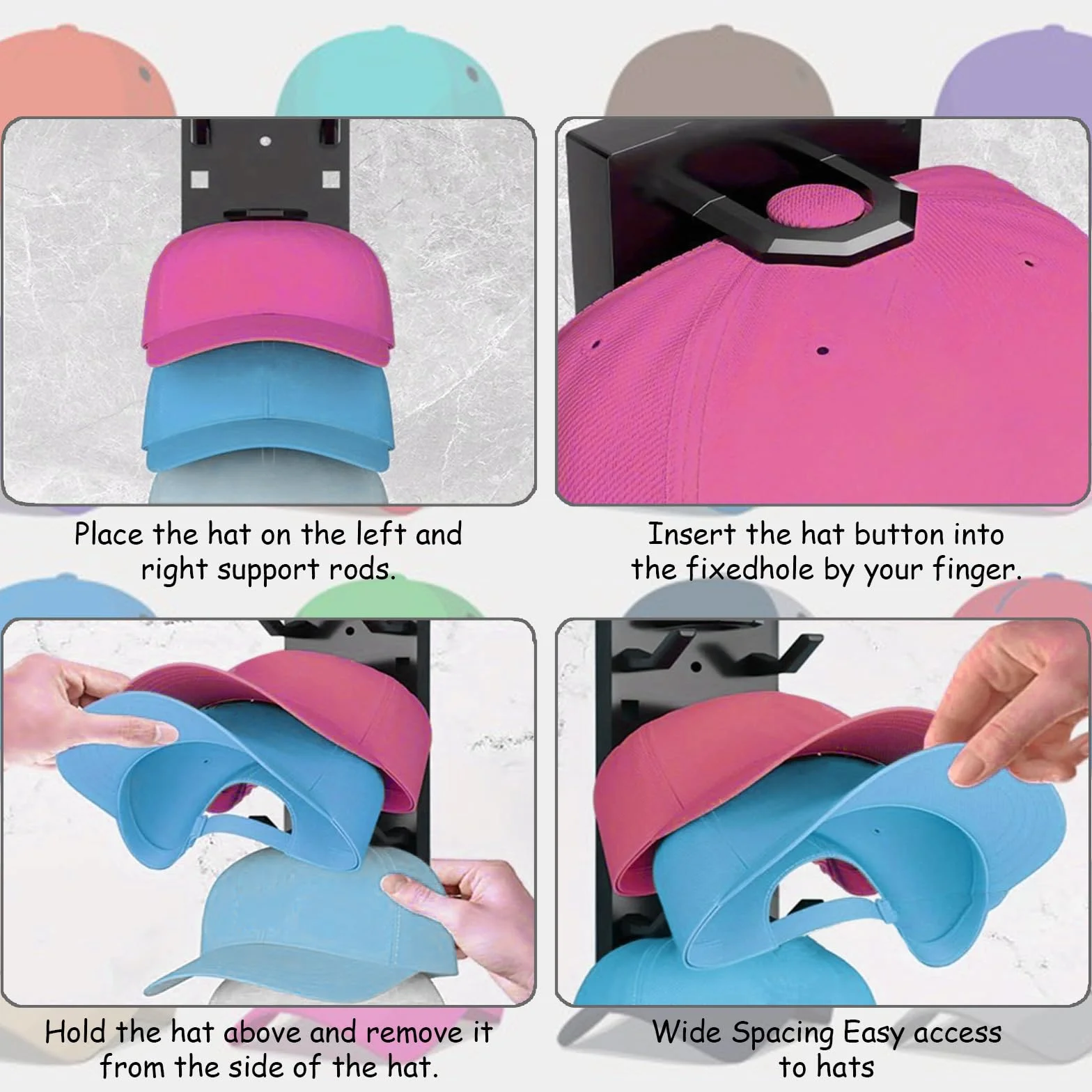 2 Pezzi Porta Cappelli da Parete Autoadesivo, Supporti autoadesivi per cappelli fino a 18 cappelli, non necessita di foratura, supporto da baseball per Porta, Armadio, Camera​ (Nero)