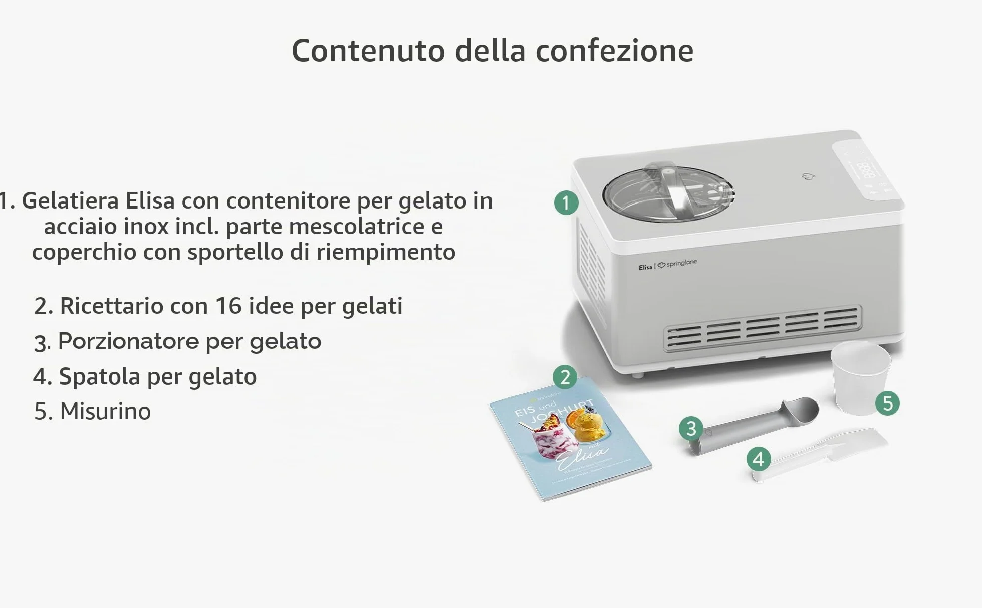 SPRINGLANE Gelatiera e yogurtiera Elisa con compressore autoraffreddante (Argento/Contenitore bianco, 180W)
