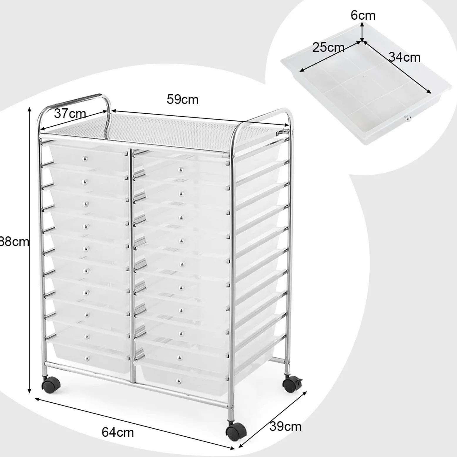 COSTWAY Carrello di Stoccaggio con 20 Cassetti, Carrello portaoggetti con 4 Ruote, Carrello Multiuso per Scuola Ufficio Cucina, 64 x 39 x 88 cm (Trasparente)
