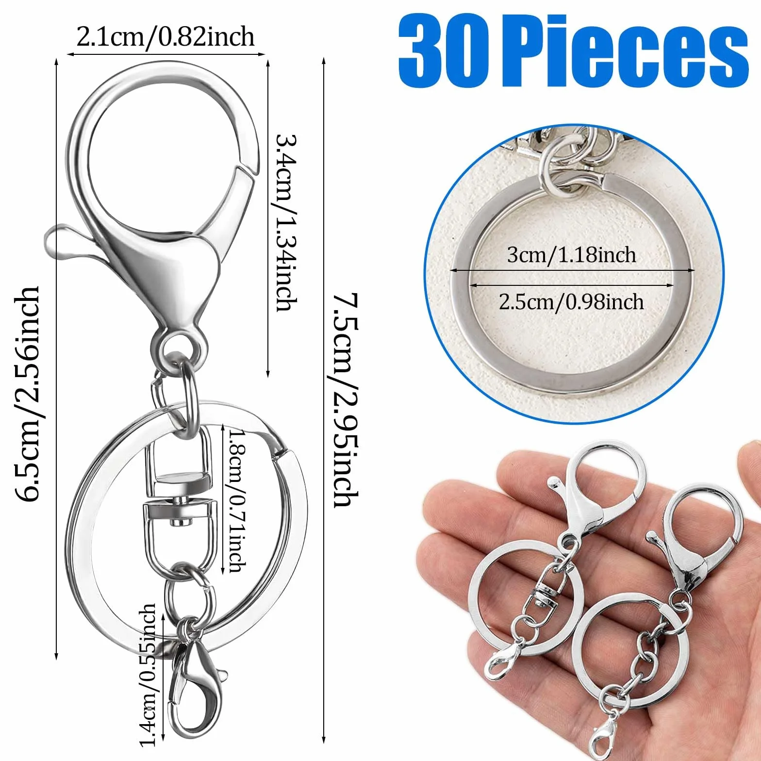 30 Pezzi Chiusure a Moschettone Girevoli,Keychain Porta Chiavi per Chiavi in Metallo con Clip Girevole,Argento Anelli Portachiavi con Catenella per Gioielli Moschettoni Portachiavi Fai Da Te