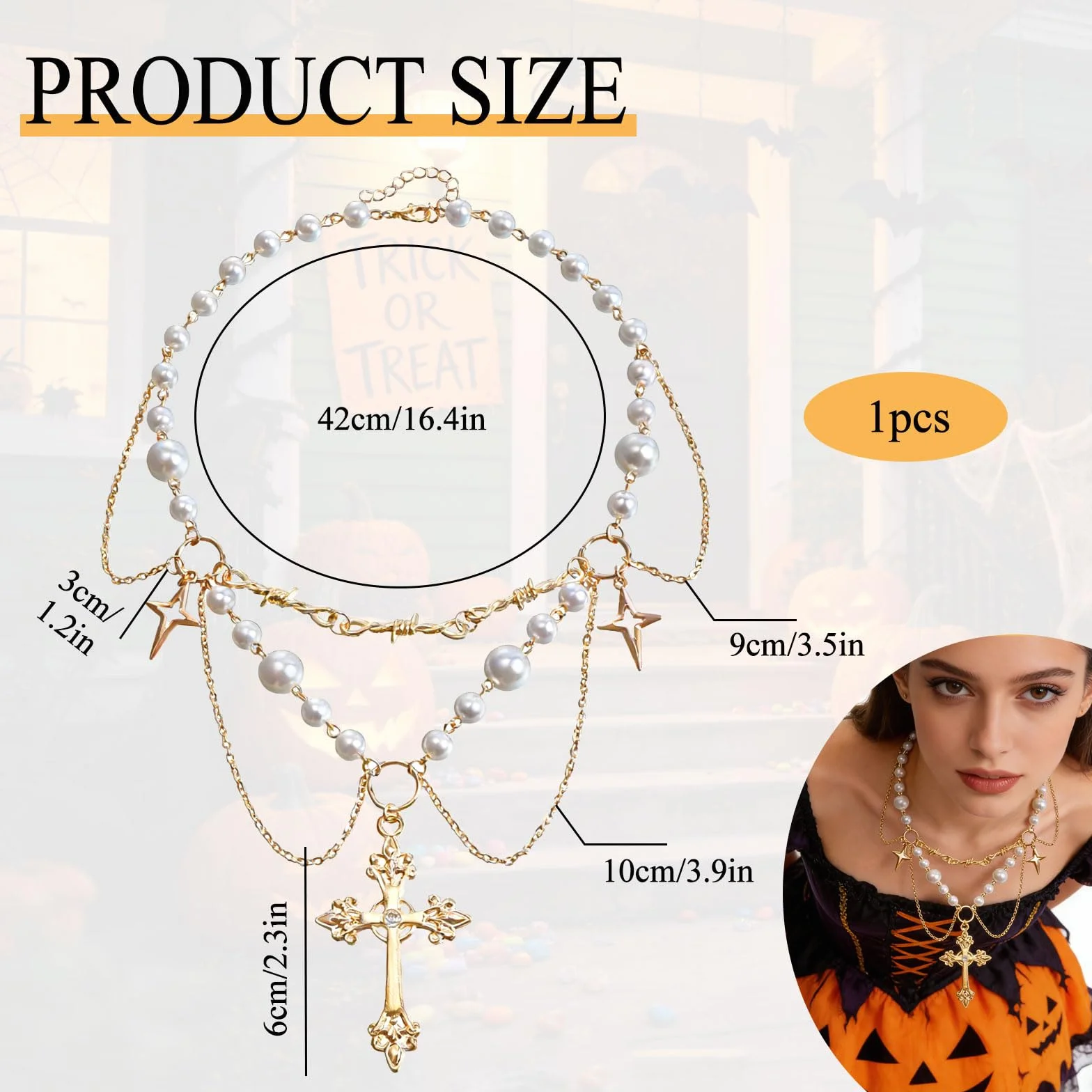 Collana Gotica con Croce Dorata Cristallo e Perla Sintetica Regolabile
