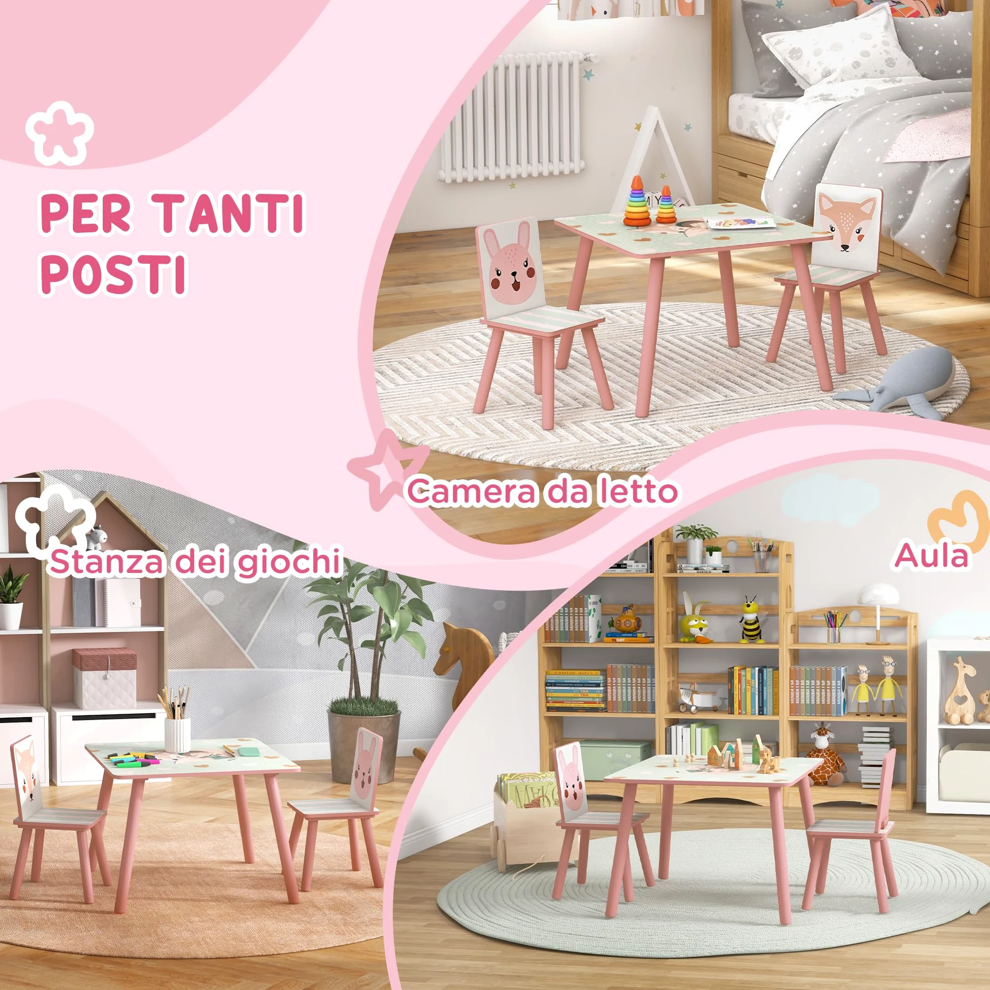 ZONEKIZ Set 3 Pezzi con Tavolo e 2 Sedie per Bambini da 3-8 Anni in MDF e Legno di Pino, Tavolino per Bambini e Seggiole con Disegni di Animali, Rosa
