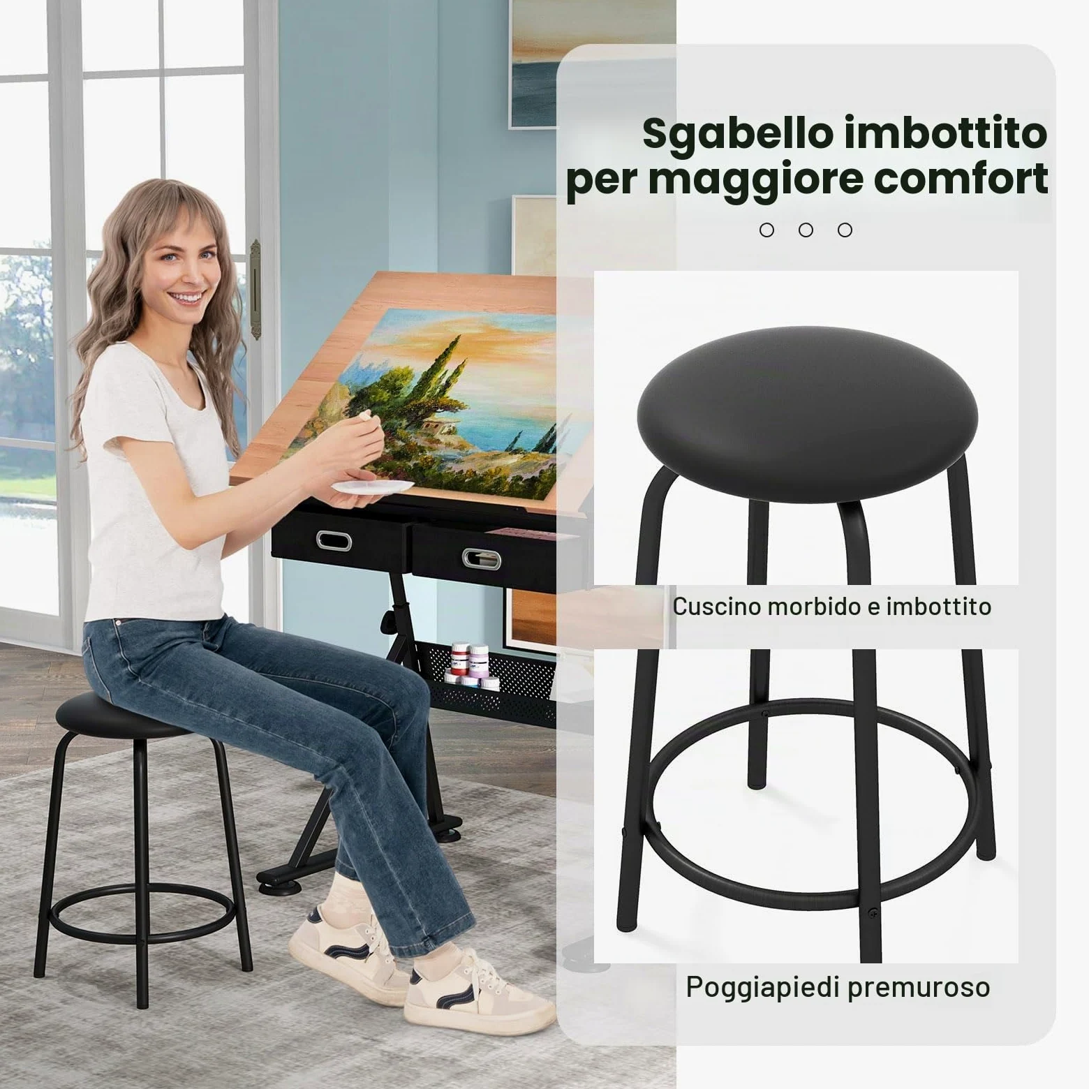 COSTWAY Tavolo da Disegno, Scrivania per Arte Inclinabile e Regolabile in Altezza con Sgabello, Cassetti, Portapenne e Ripiano, Ideale per Disegnatore, Pittore e Ingegnere (Naturale)